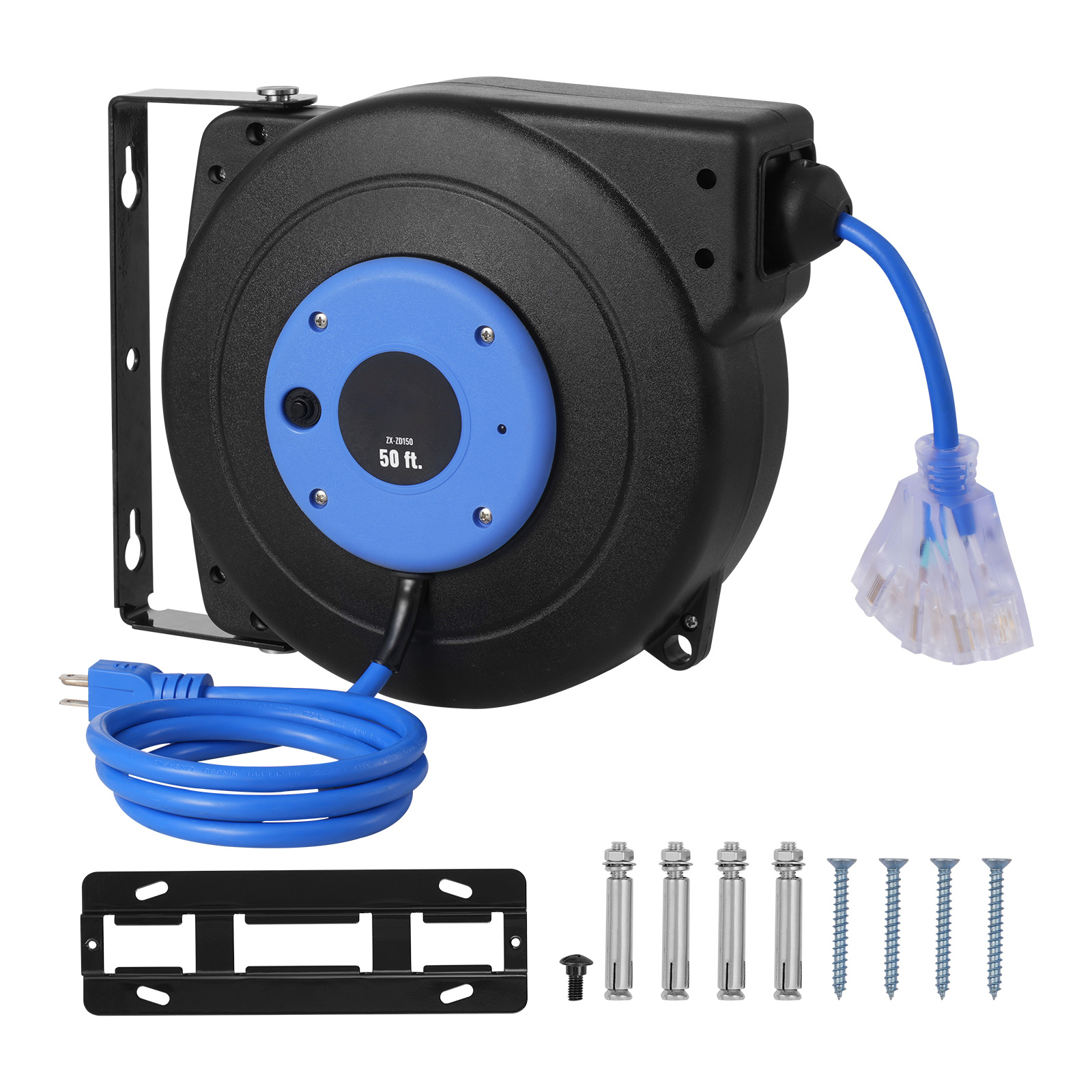 TEMU VEVOR bobine de rallonge rétractable bobine de fil d'alimentation orange-noir/bleu-noir/bleu-noir 30/50/65/75/85 pieds 12/14/16AWG/3C SJTOW