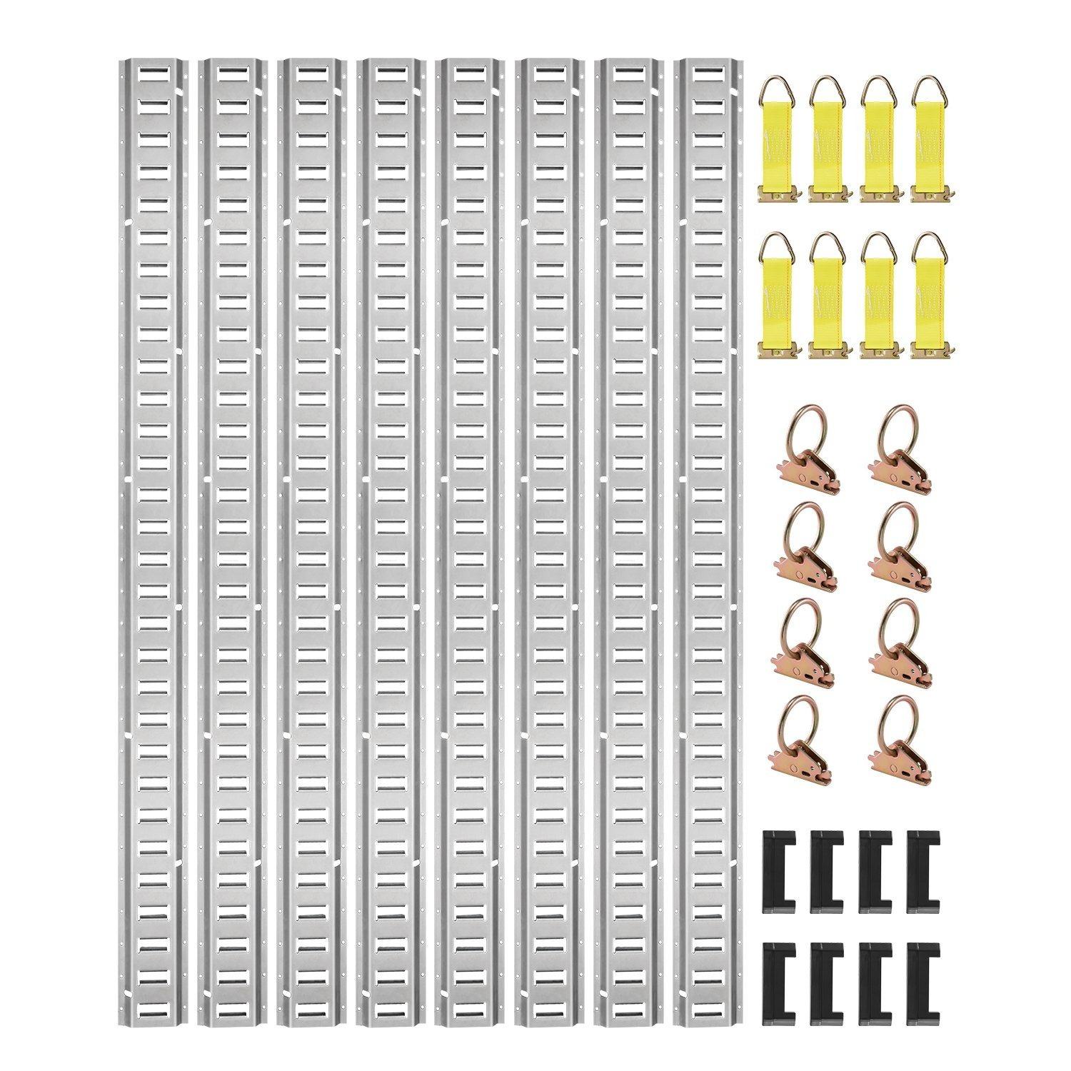 TEMU Kit de rails d' VEVOR E Track, lot de 34 pièces de rails E de 5 pieds comprenant 8 rails en acier, 2 attaches à fente unique, 8 joints toriques,