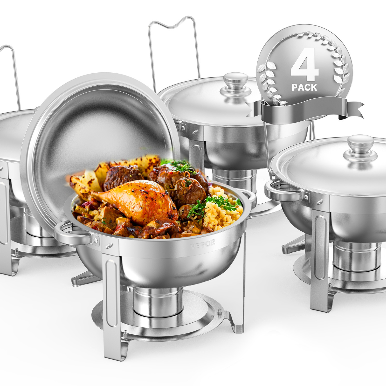 TEMU VEVOR Lot de 4 Plats Chauffants Ronds/Rectangulaires 5/8 Qt, Ensemble Buffet en Acier Inoxydable, Taille Complète, Uniquement pour Cuisson