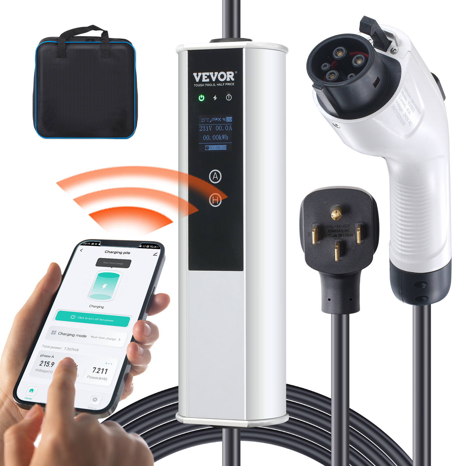 TEMU Chargeur de véhicule électrique portable niveau 2, 40A 240V, chargeur de véhicule électrique avec câble de charge de 25 pieds, prise 14-50P,