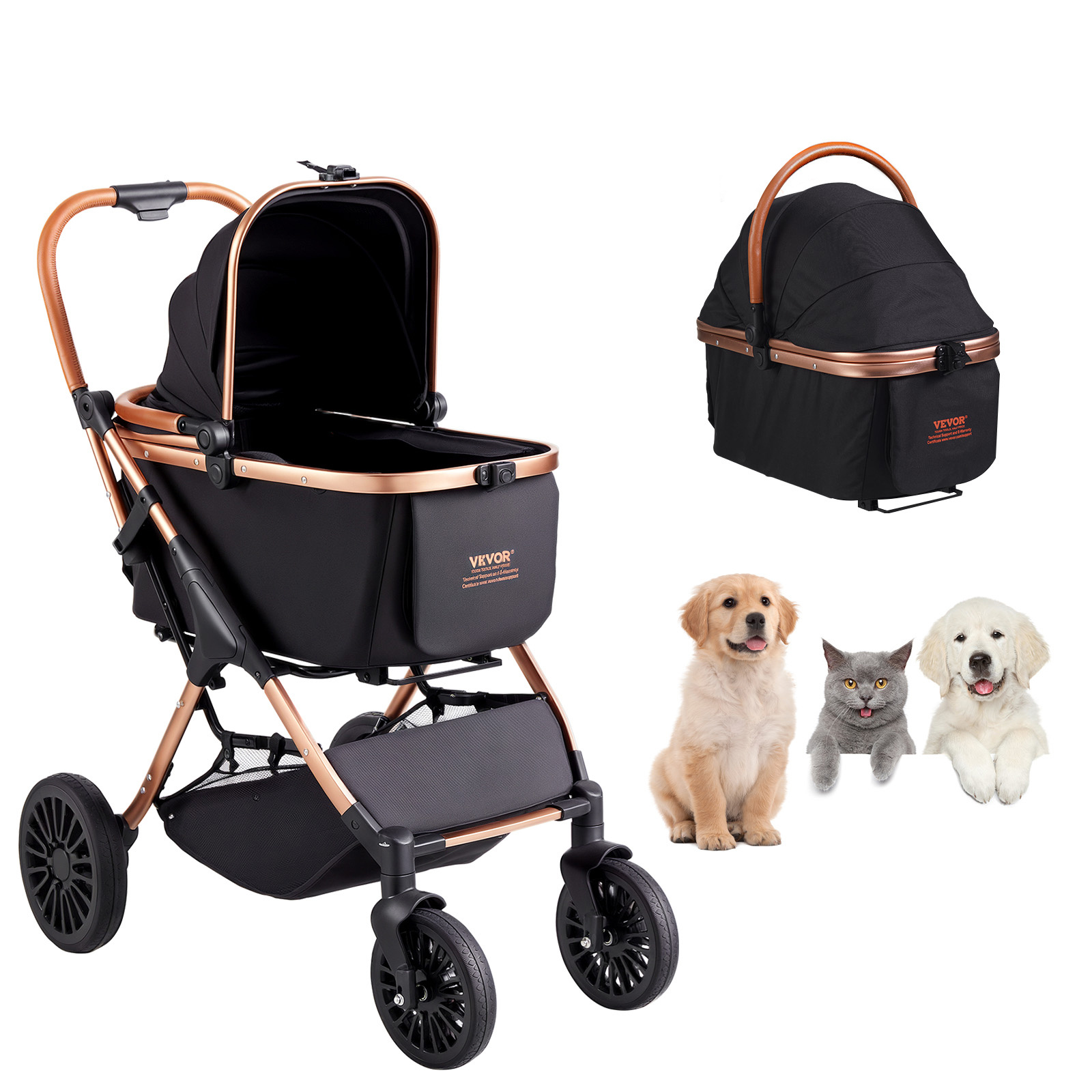 TEMU Vevor Pet Stroller, 4 Wheels Dog Stroller Rotate With Brakes, 66 Lbs Weight Capacity, Puppy Stroller With Detachable Carrier, Storage Basket And