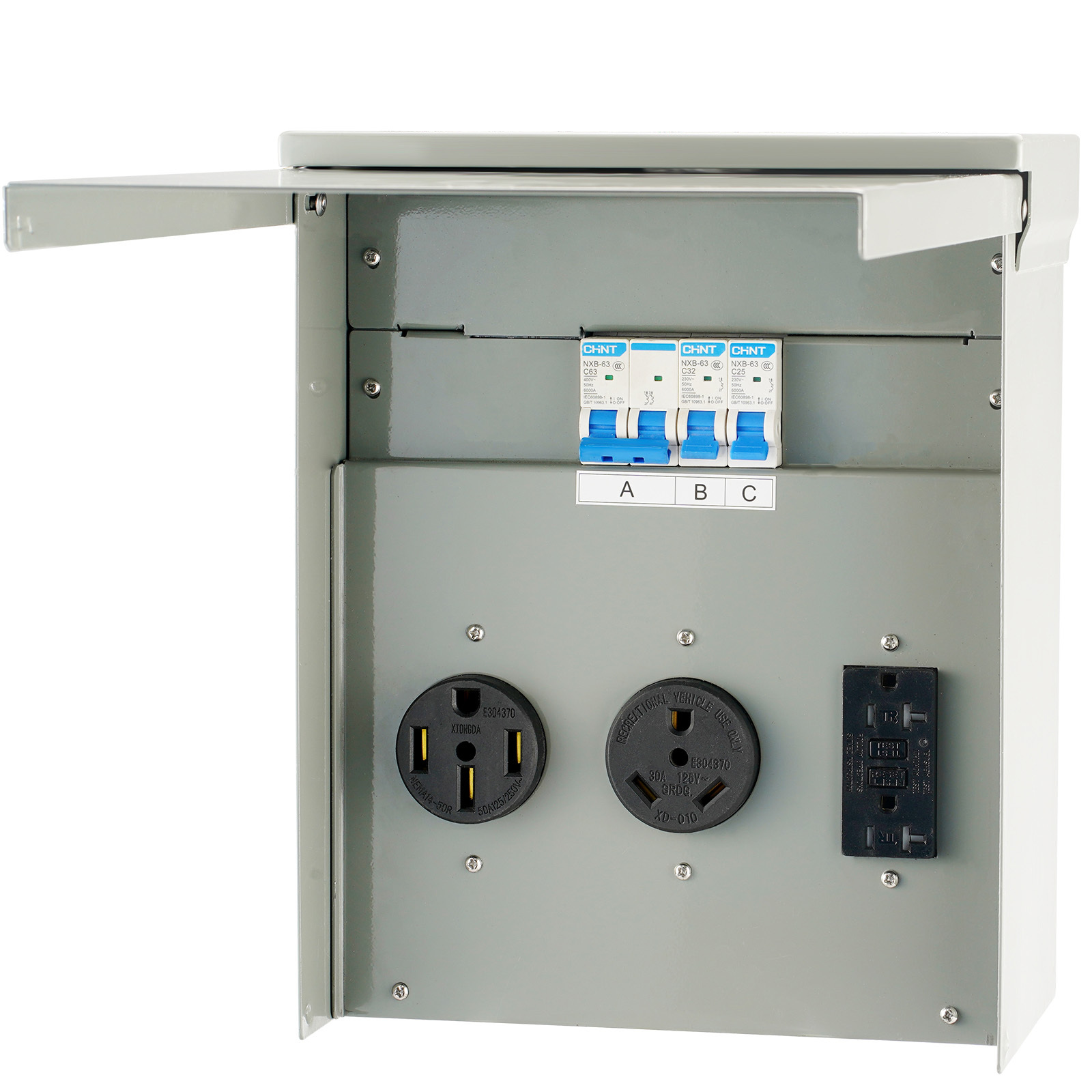 TEMU Panneau de prises temporaires VEVOR, boîtier de prises pour camping-car avec prise de /50 A installée, 14-50R / TT-30R / 15A GFCI pour