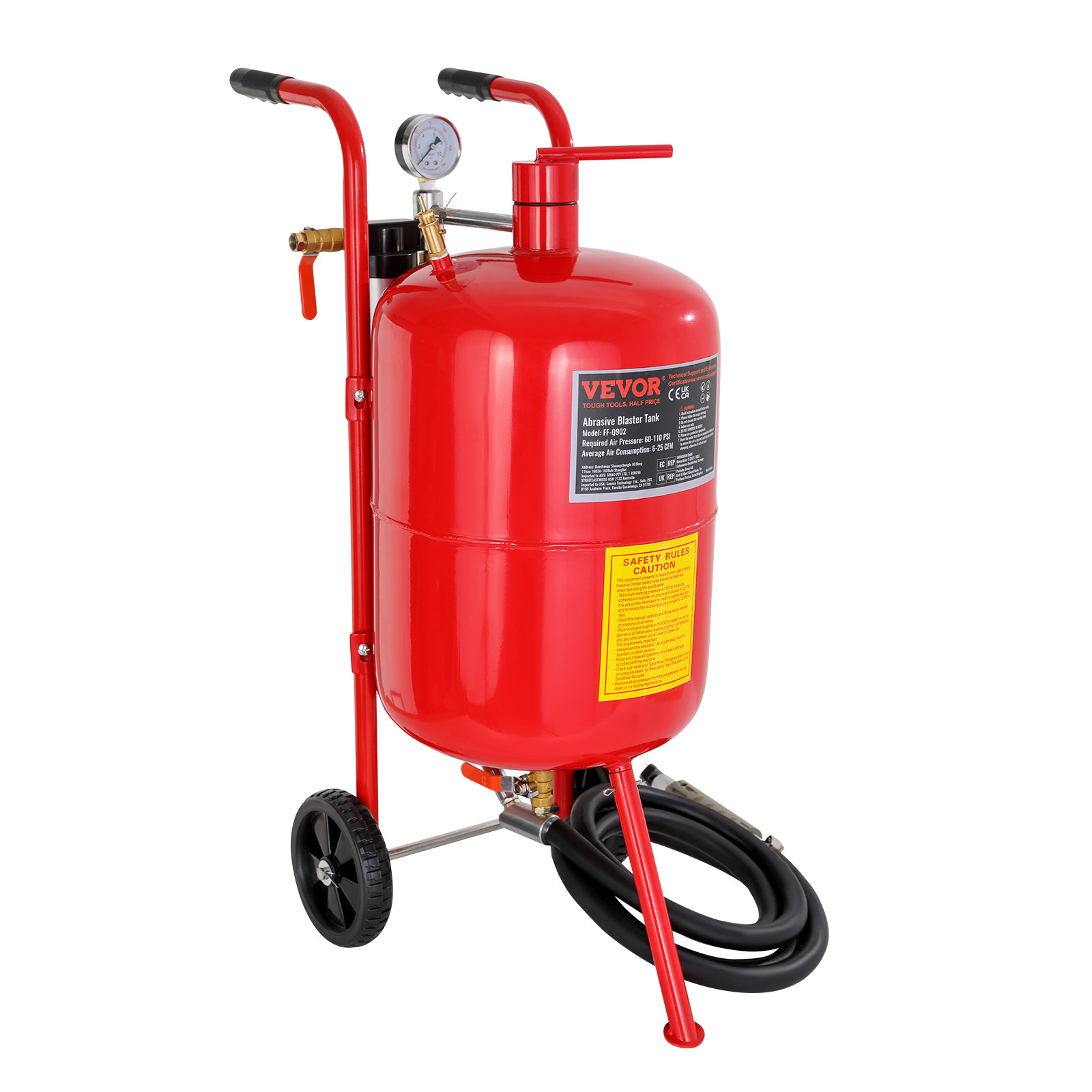 TEMU VEVOR Sablage 10/20 Gal Modèle Standard/Modèle Lourd Équipé de Vanne de Bouchage, Manomètre, Buse en Céramique, Roues en Caoutchouc, Équipement