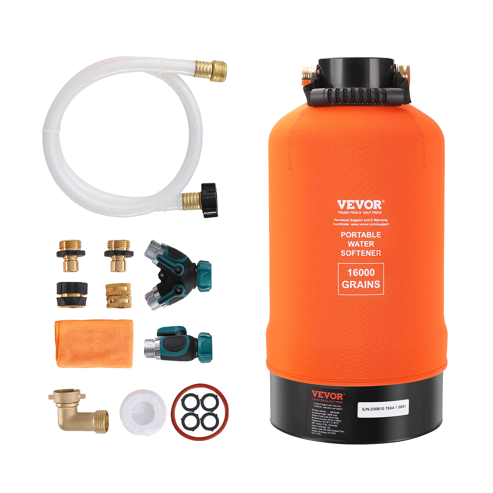 TEMU VEVOR RV Démolisseur d'eau, 16 000 grains, Démolisseur d'eau portable, avec raccords en laiton 3/4" et tuyau de 42", Système de filtration d'eau