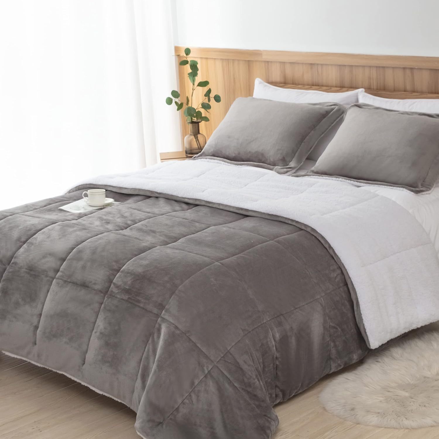 TEMU Mtc Micromink Sherpa Comforter Set Full/queen, Soft Plush All Season Down Alternative Spring Bedding Comforter Sets Grey Charcoal 3pcs (2 Pillow