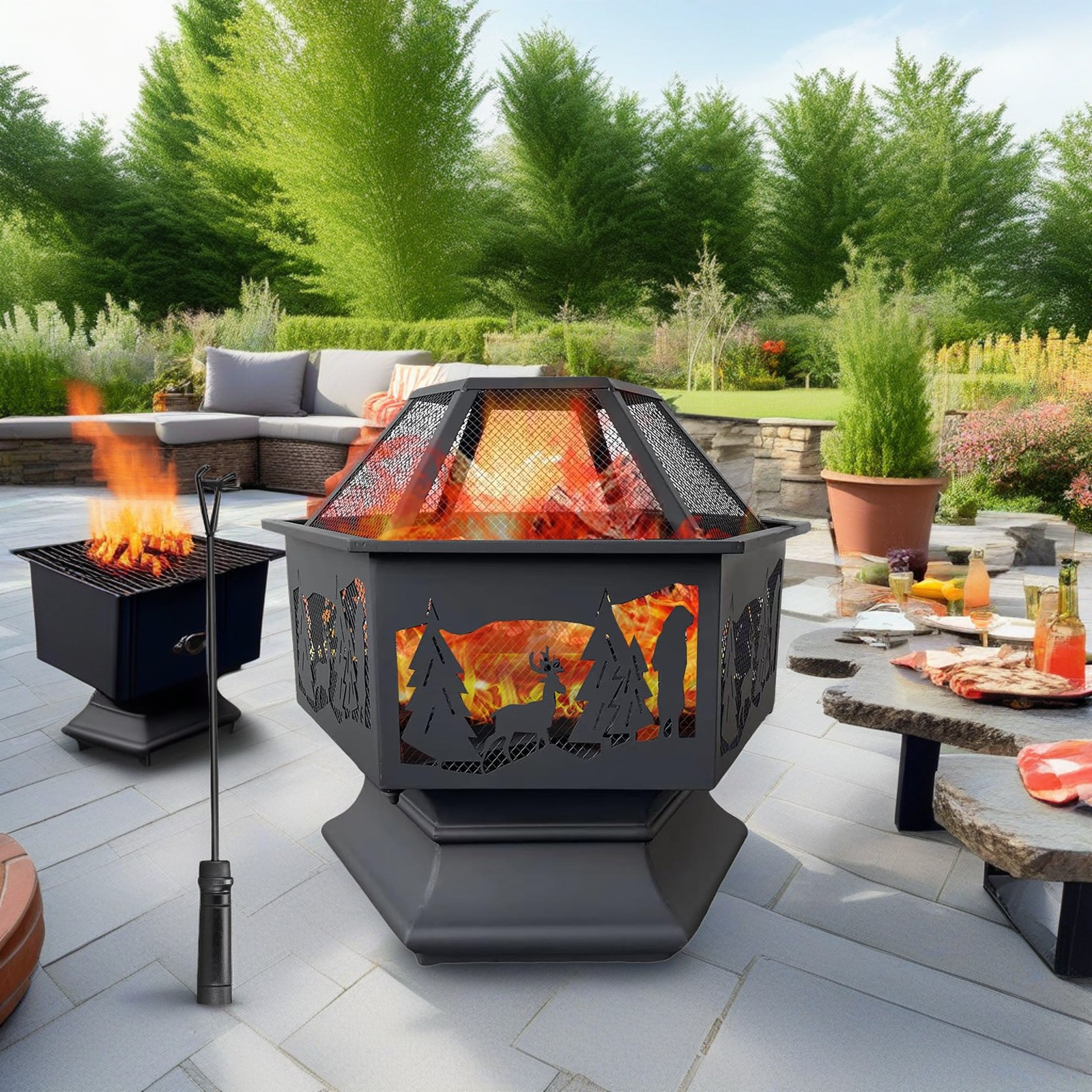 TEMU 24in Poêle à feu extérieur hexagonale, cheminée à bois avec pelle et couvercle en - Poêle à feu hexagonale avec écran à étincelles pour patio,