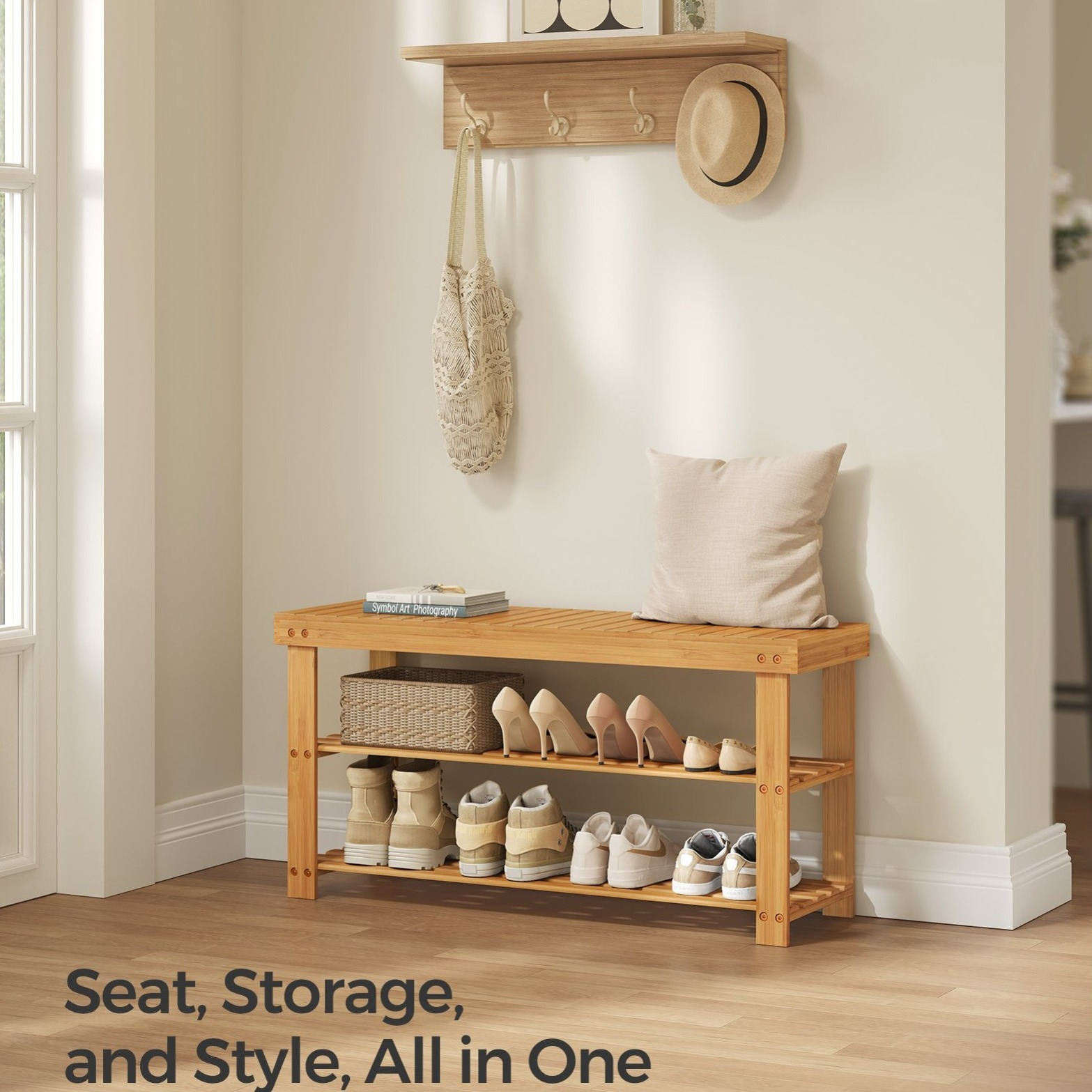 TEMU Banc à Chaussures, Organisateur de Rangement à Chaussures en Bambou à 3 Niveaux, Banc d'Entrée, Jusqu'à 130 kg, 28.7 x 90 x 45.3 cm, pour Entrée