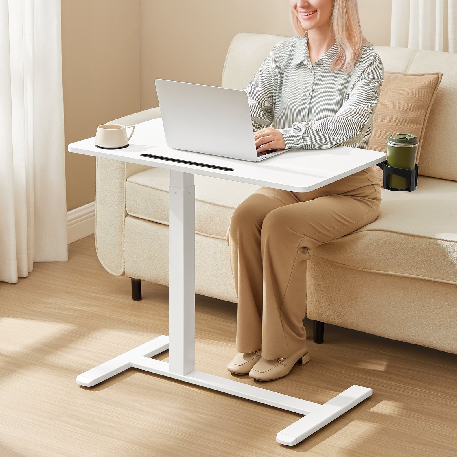 TEMU Table de chevet à roulettes, bureau d'ordinateur mobile, plateau de 80 x , hauteur réglable, 2 porte-gobelets, fente pour téléphone et tablette,