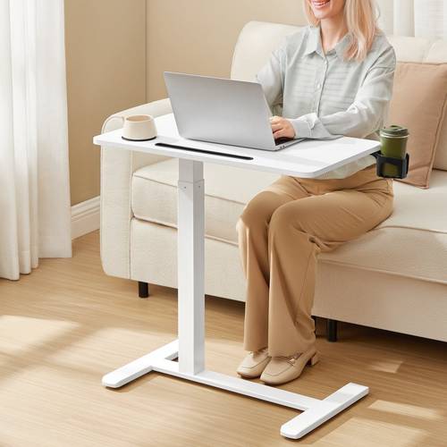 overbed table with wheels mobile standing computer desk 70 x 40 cm tabletop adjustable height 2 cup holders phone and tablet slot