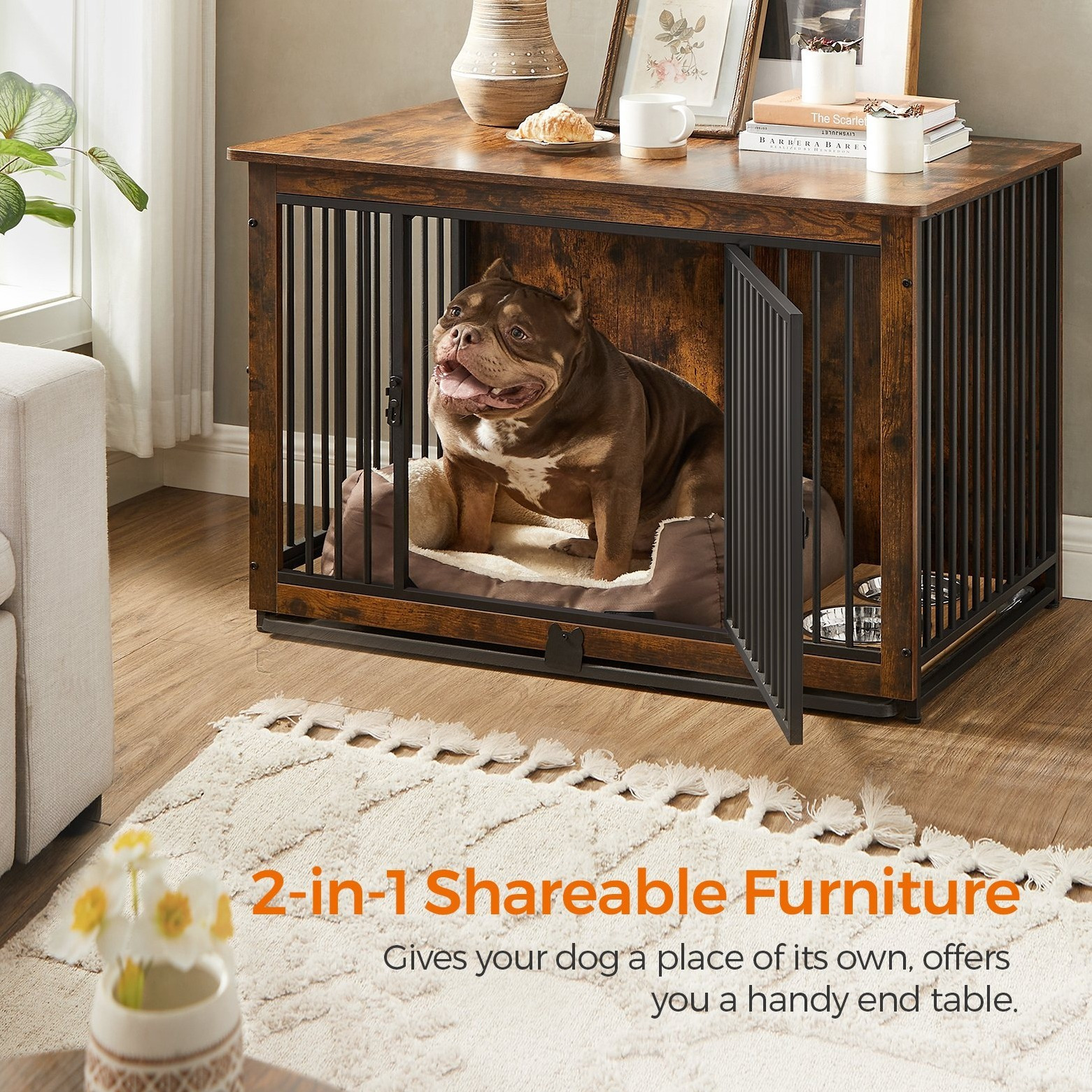 TEMU Caisse pour Chien en Bois Meuble, 38,6 Pouces Cage Moderne pour Chien avec Double Portes et Plateau Amovible, Table d'Appoint pour Chiens de