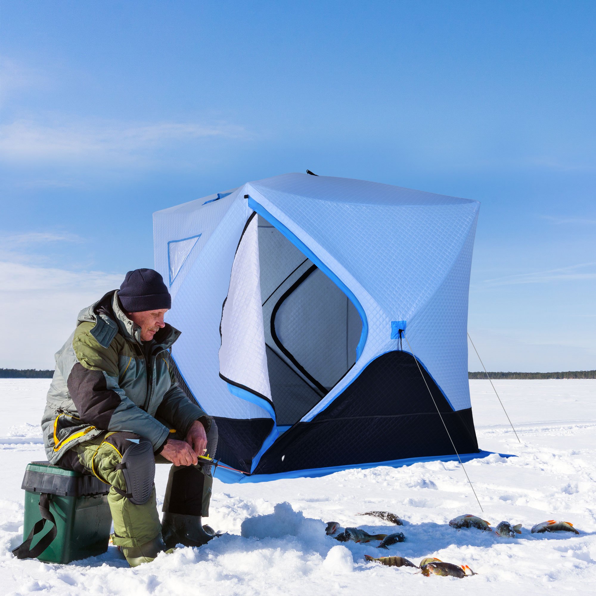 TEMU Outsunny Tente de Pêche sur Glace Pop-Up pour 4 Personnes, Abri Isolé avec Fenêtres de Ventilation, Double Portes et Sac de Transport, Résistant