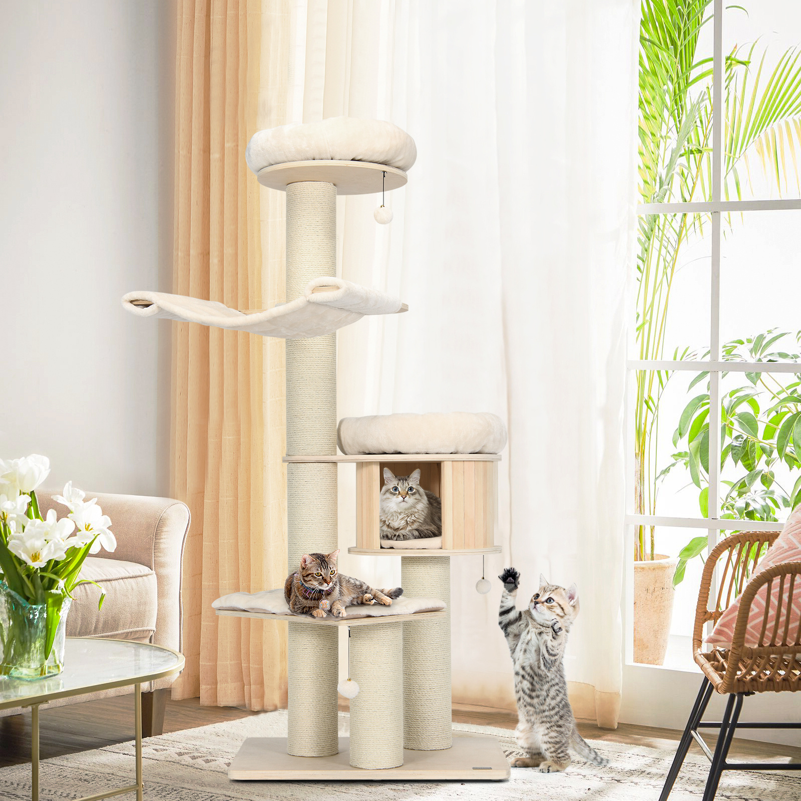 TEMU COSTWAY 68,5" Arbre à chat en bois . Tour à chat à 4 niveaux avec poteaux à gratter en sisal, condo pour chat, perchoir en peluche, hamac, boule