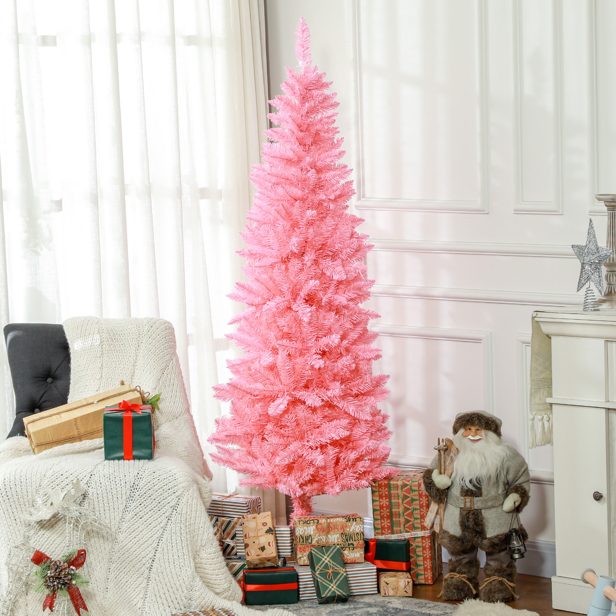 TEMU Arbre de Noël Artificiel de Crayon de 6 Pieds de Haut, avec 479 Pointes de Branches et Base en Acier, Décoration de Fêtes pour Maison ou Bureau,