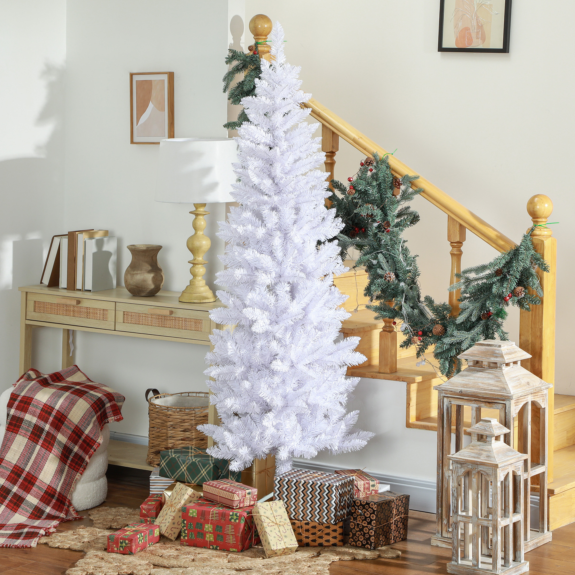TEMU Arbre de Noël en crayon de 6 pieds de haut, arbre de Noël artificiel avec 479 branches et base en acier, décoration et , blanc