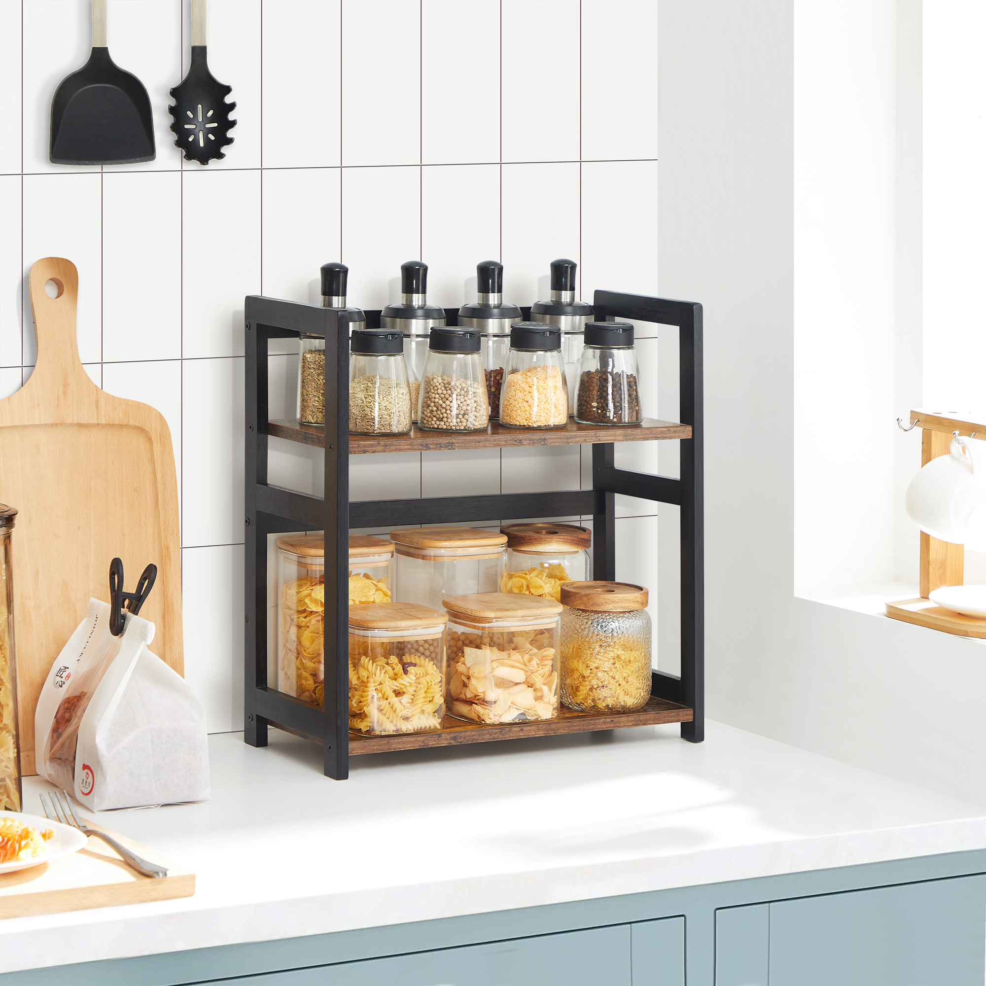 TEMU Étagère à épices, étagère de comptoir à 2 niveaux, organisateur de rangement de bureau, pour comptoir, cuisine, bureau, salon, brun rustique et