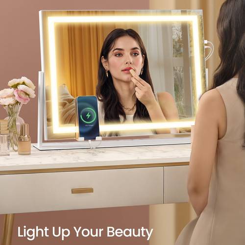 vanity makeup with lights touch control angle adjustable with charging ports detachable 10x magnifying 3 color temperatures dimmable phone holder matte white ulwm002w01