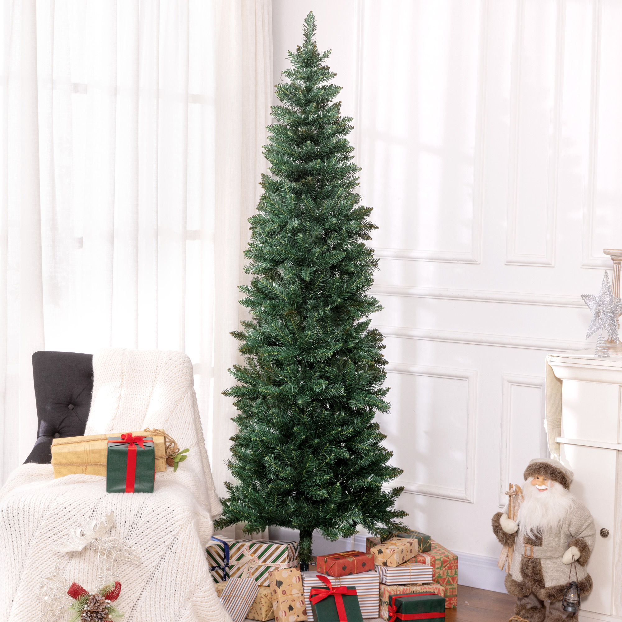 TEMU Arbre de Noël de crayon de 7 pieds de haut, arbre de Noël artificiel avec 687 branches et base en acier, décoration et , vert