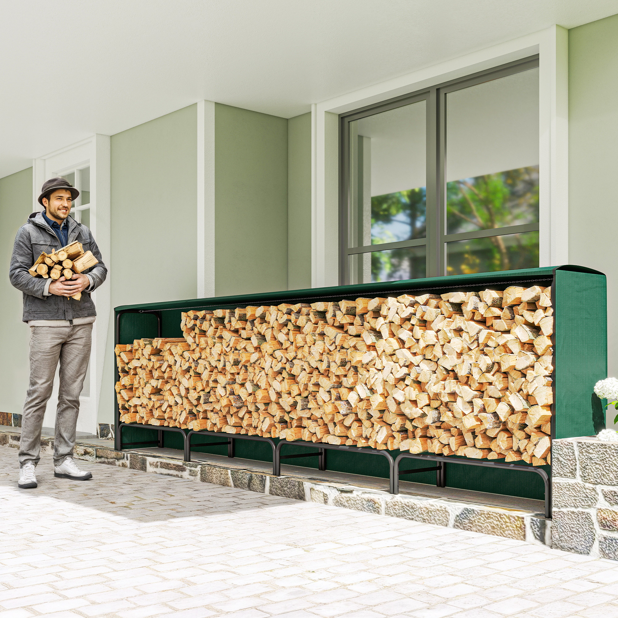 TEMU Support à bois de 12 pieds avec housse imperméable, rangement à bûches en métal robuste avec chaînes en acier, porte-bûches pour intérieur et