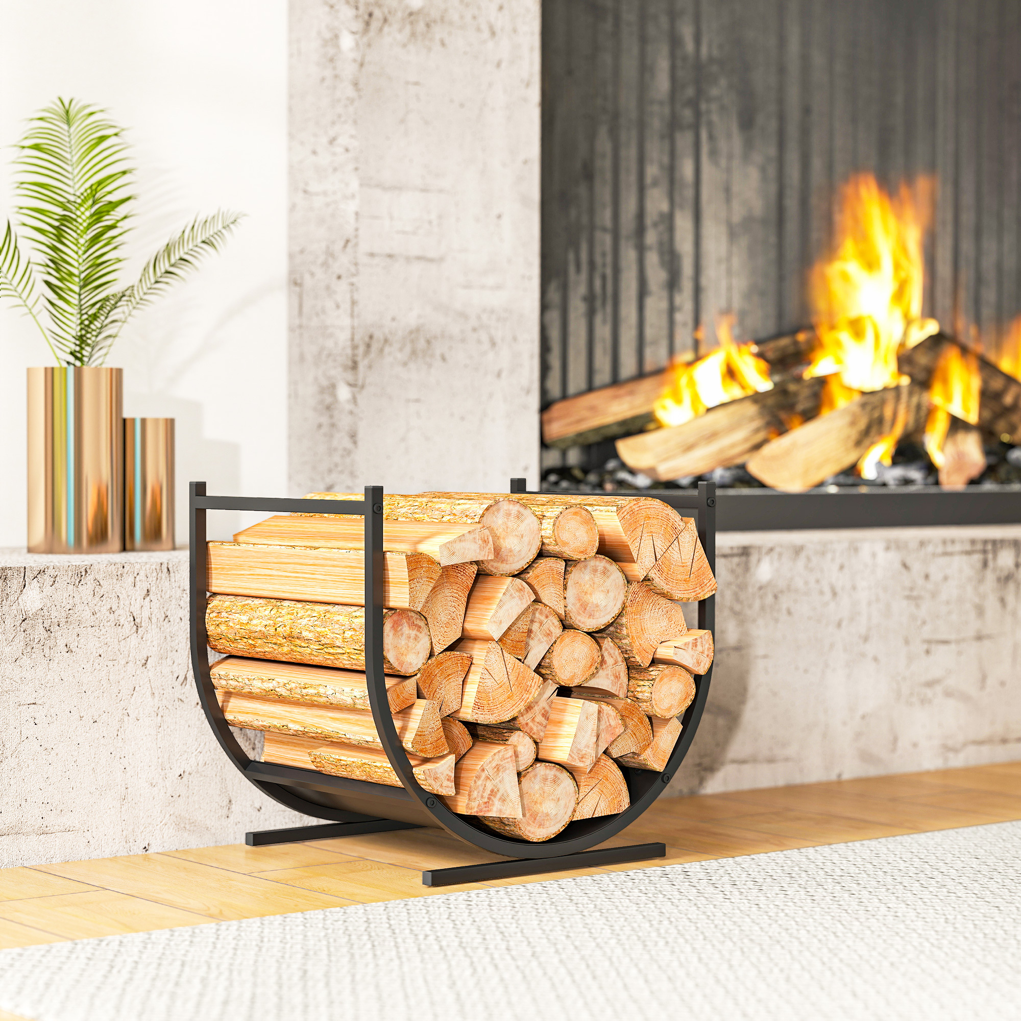 TEMU Support à bois de chauffage extérieur, support à bûches robuste de 17 pouces pour rangement de cheminée intérieure, organisateur de bois de