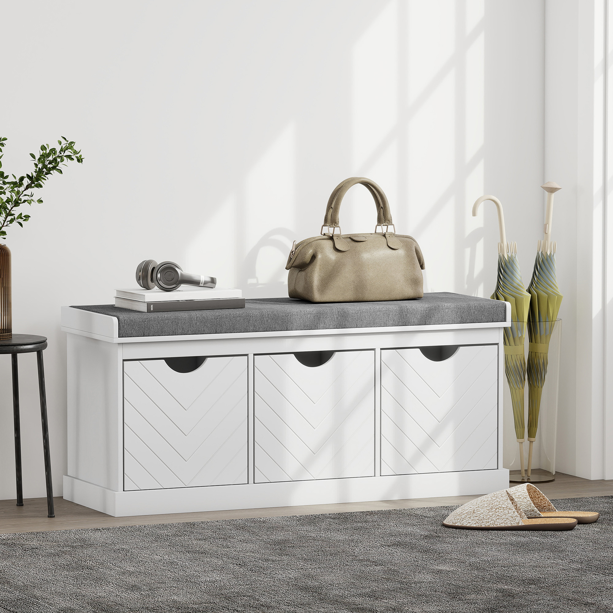 TEMU Banc de Rangement pour Chaussures, Banc d'Entrée Lin avec 3 Tiroirs Amovibles et Coussin de Siège Rembourré pour Couloir, Salon, Blanc