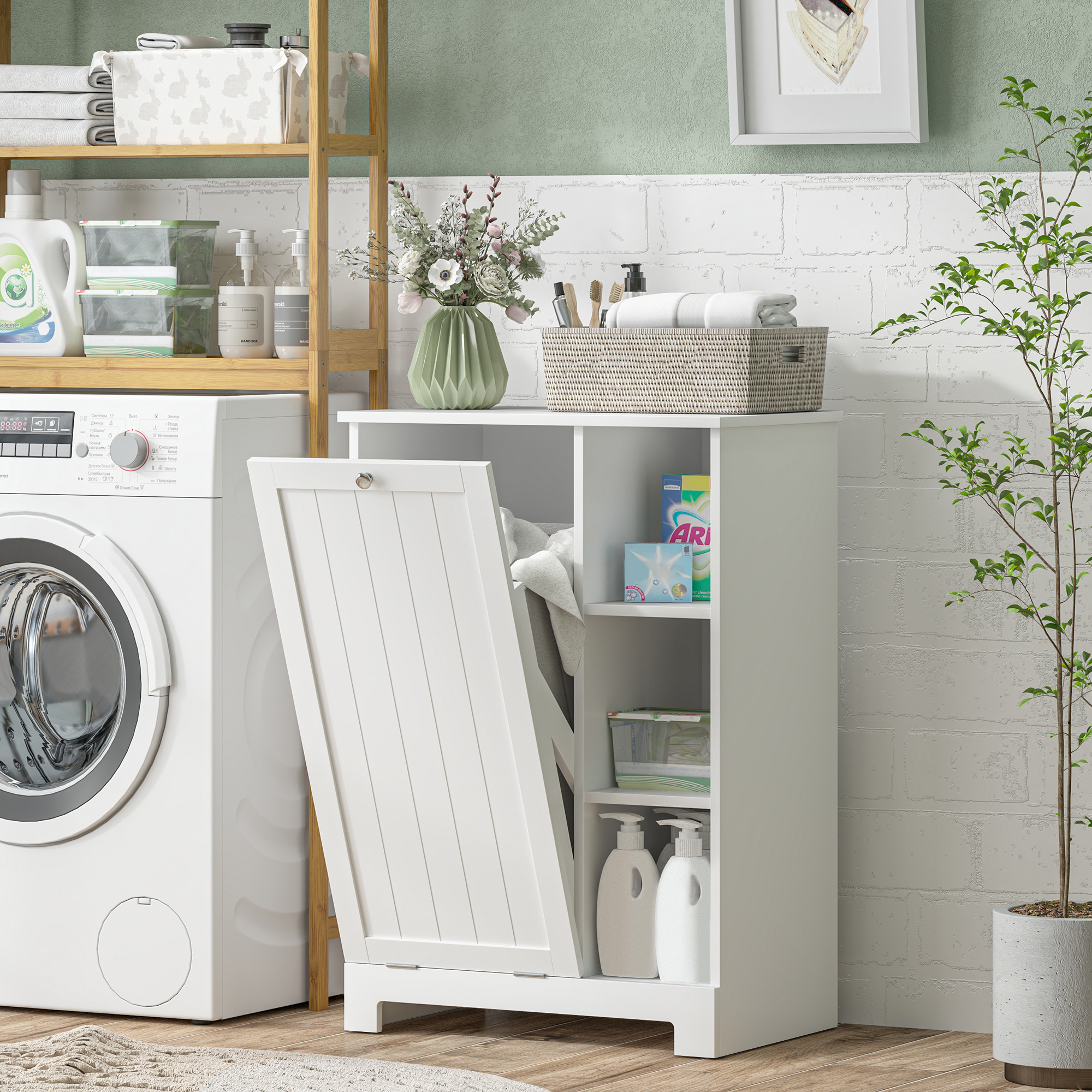 TEMU à linge avec panier amovible, panier à linge inclinable avec étagère réglable et compartiments , de rangement de salle de bain moderne, blanc