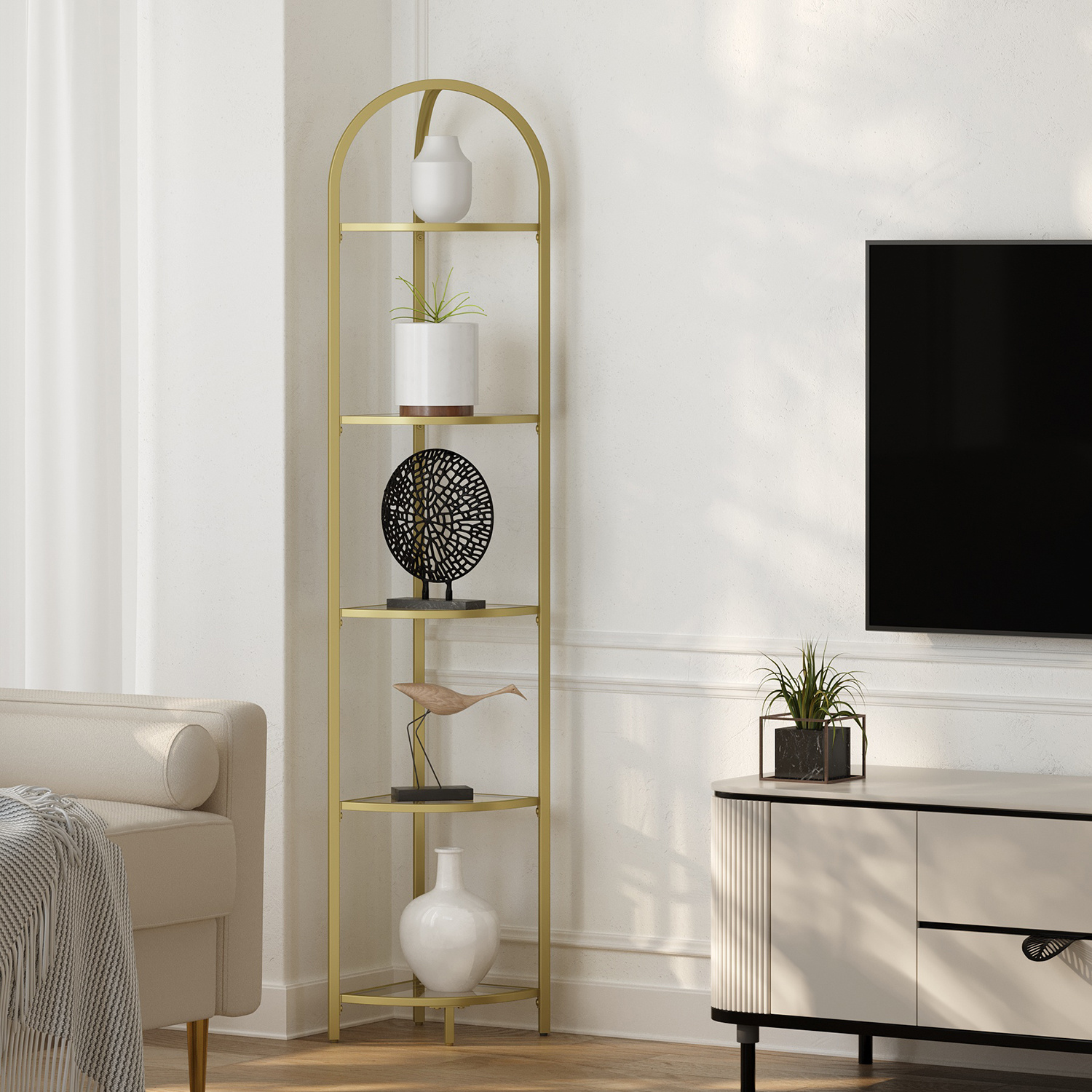 TEMU Support de étagère d'angle à 5 niveaux, étagère d'angle pour livres, organisateur de salle de bain, support de plante, verre trempé, or