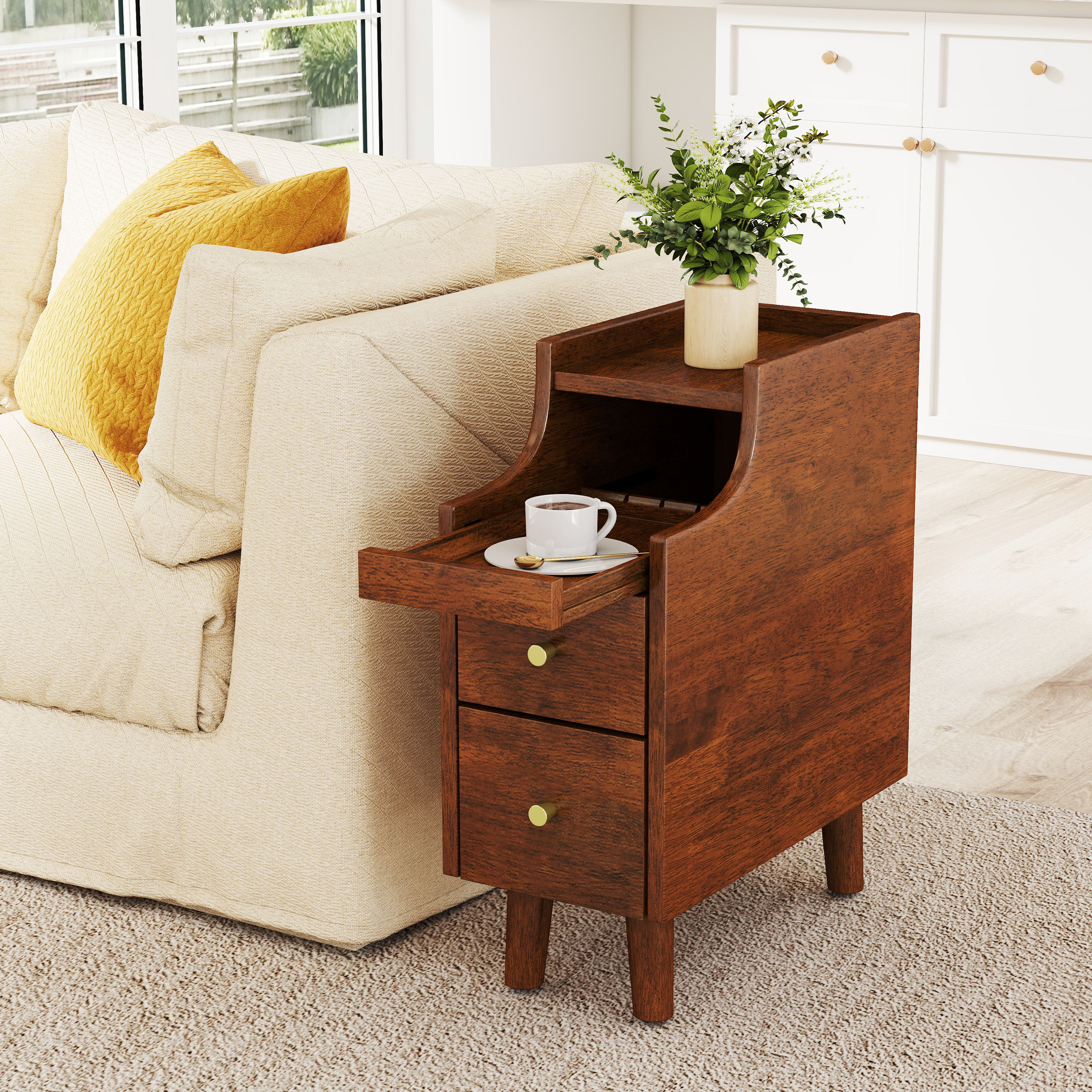 Accent Small Narrow Tall End Table – 2-Tier Side Table With Drawer, Walnut Finish, 29.5 Inch Height