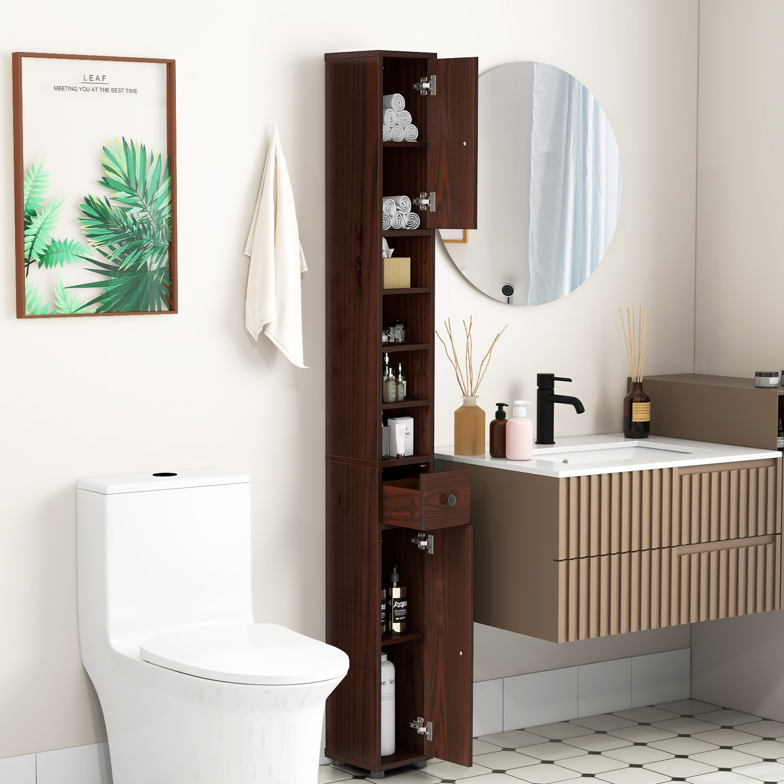 TEMU de salle de bain haute COSTWAY 71 pouces, buffet de garde-manger étroit autoportant avec 2 armoires, 5 étagères ouvertes et 1 tiroir, dispositif