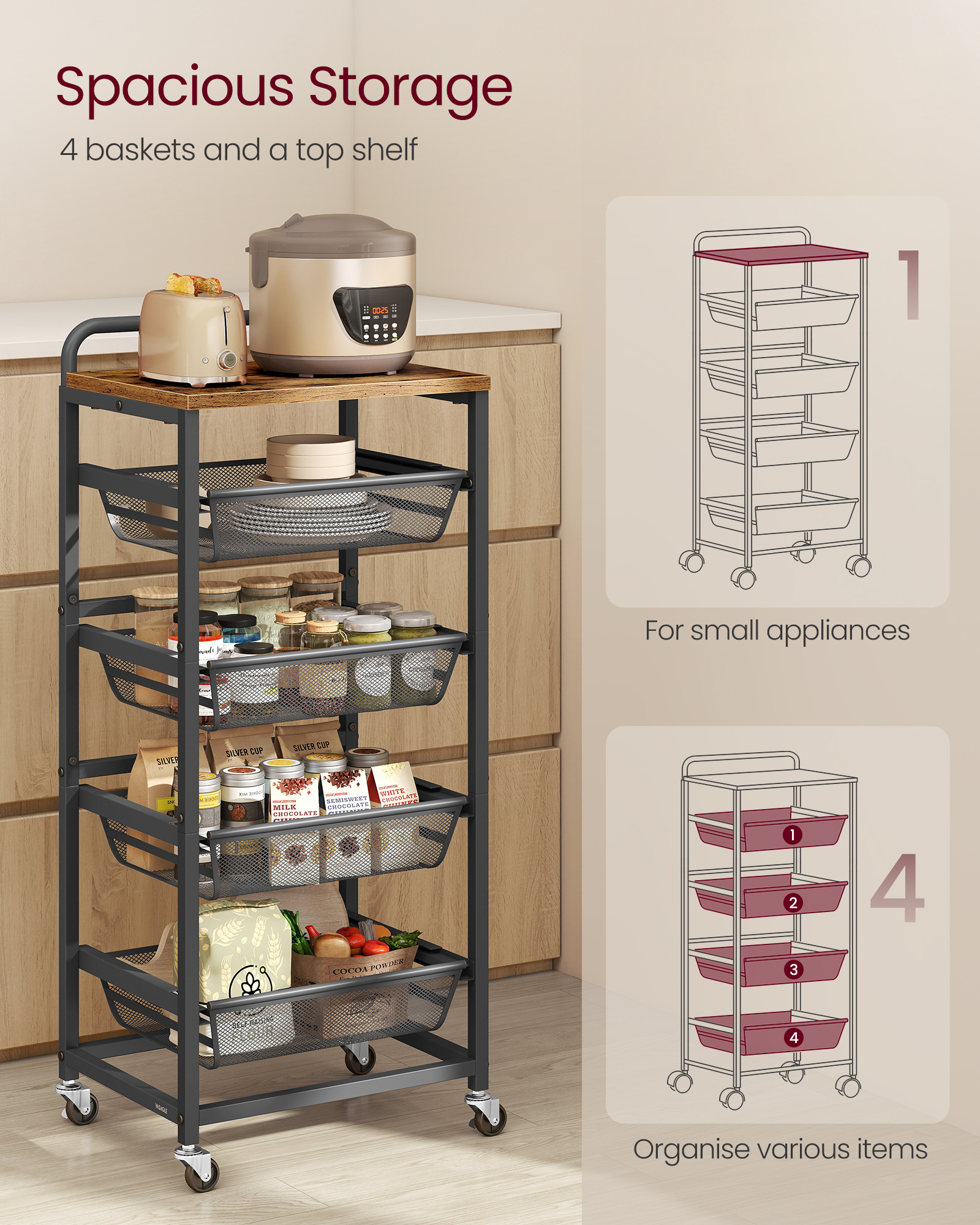 storage cart with pull out baskets 5 tier kitchen cart with wheels handle 31 7 x 40 x 95 cm rustic brown and ink black Product details 3