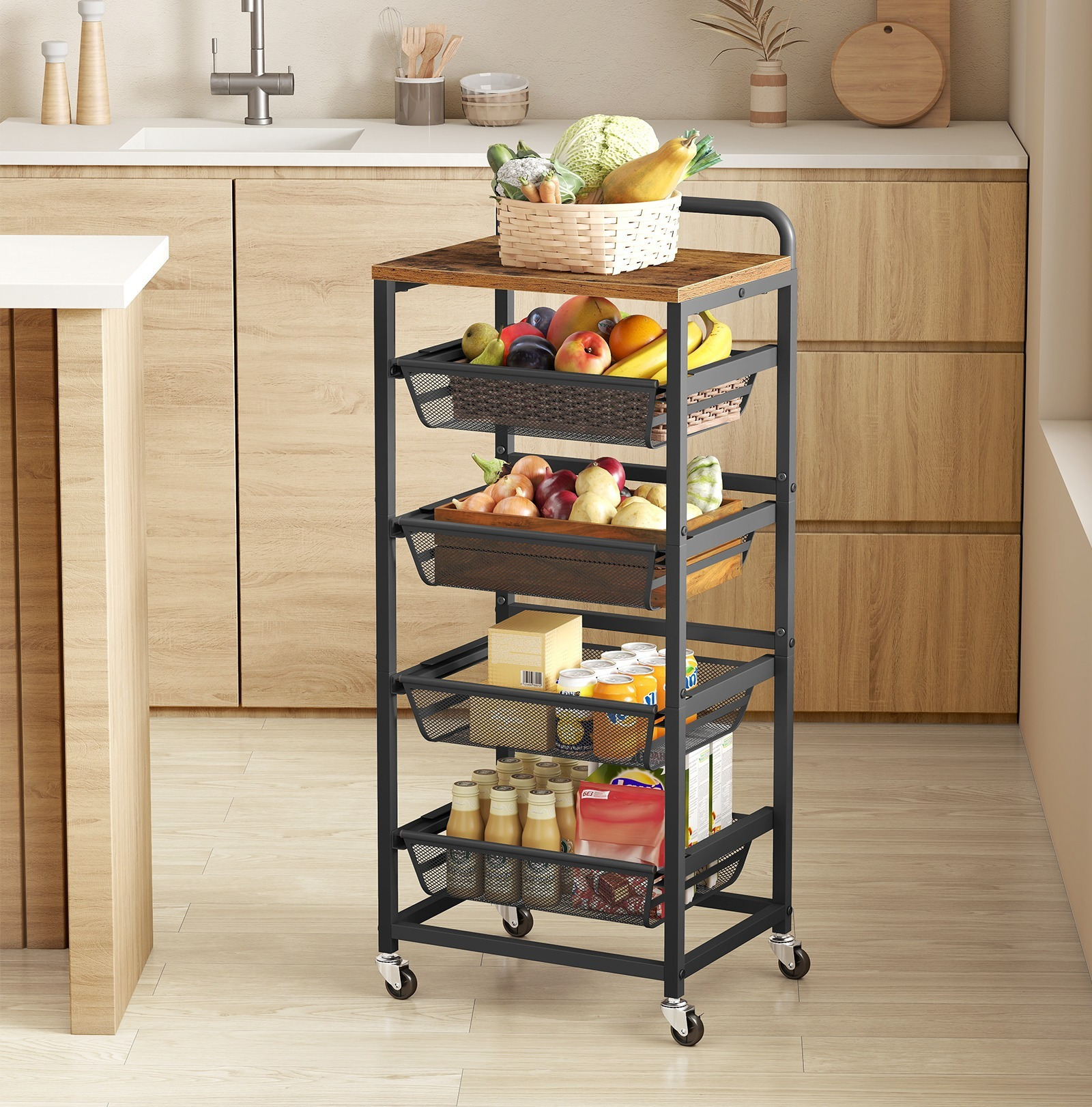 storage cart with pull out baskets 5 tier kitchen cart with wheels handle 31 7 x 40 x 95 cm rustic brown and ink black Product details 0