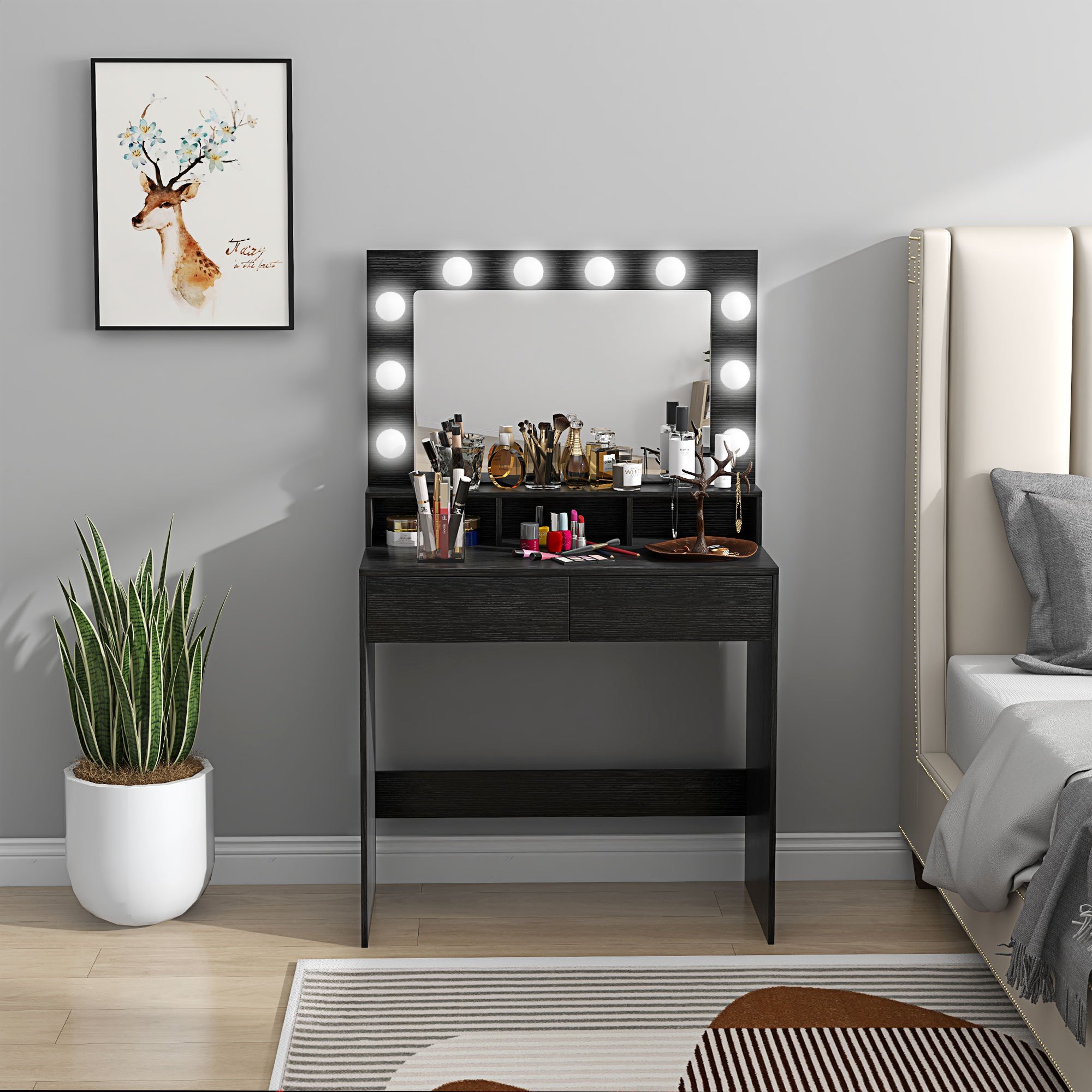 TEMU HOMCOM Coiffeuse avec Lumineux, Table de Toilette avec Tiroirs, 3 Modes d'Éclairage, 10 Ampoules, Coiffeuse Moderne pour Chambre à Coucher, Noir