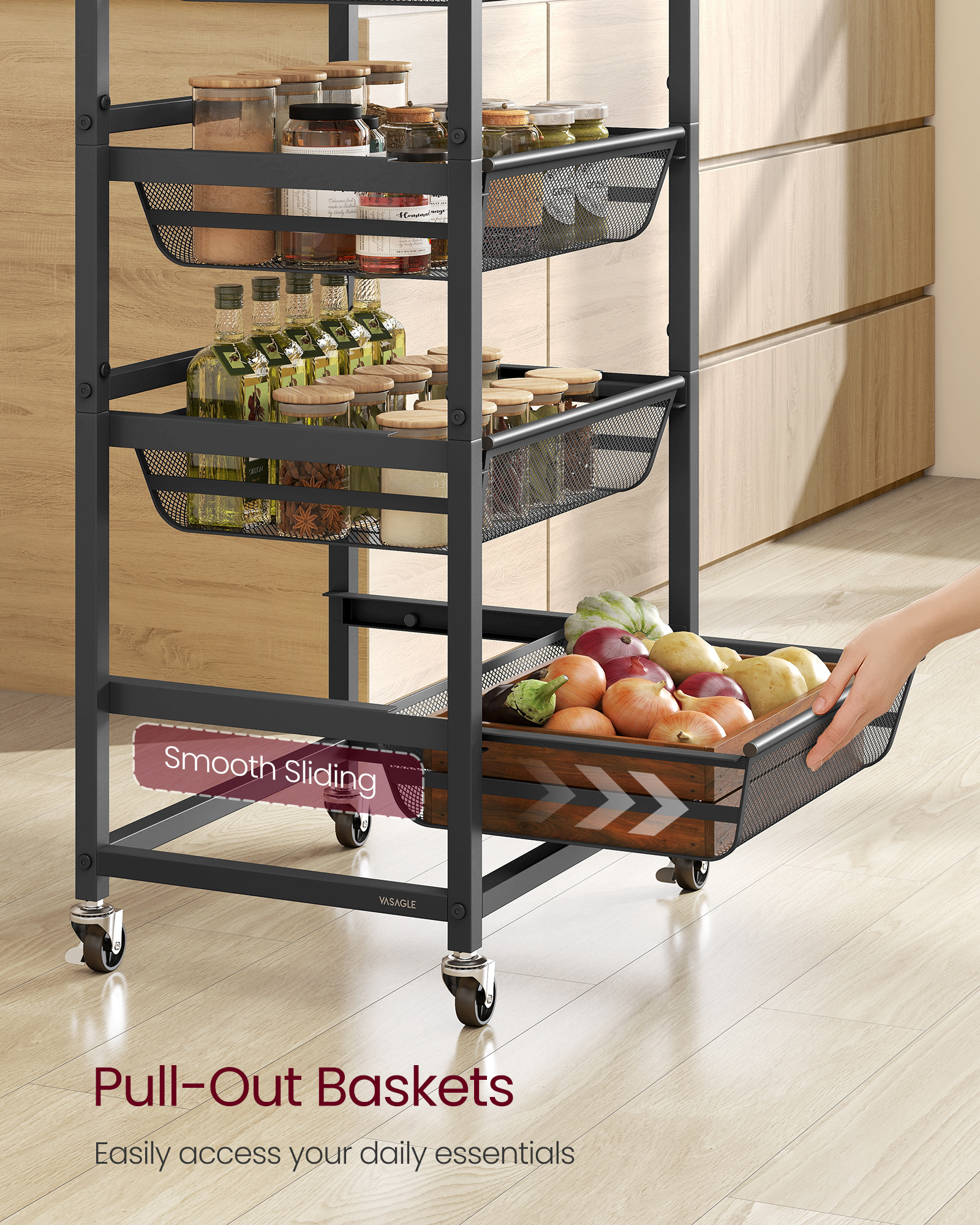 storage cart with pull out baskets 5 tier kitchen cart with wheels handle 31 7 x 40 x 95 cm rustic brown and ink black Product details 4