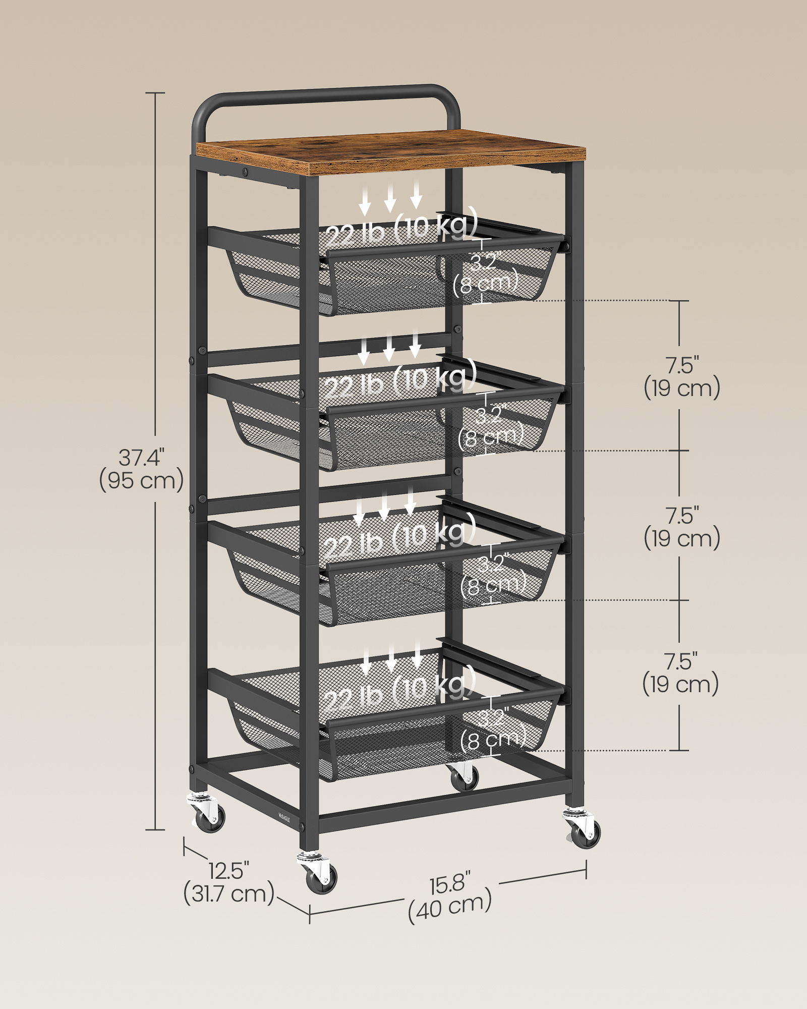 storage cart with pull out baskets 5 tier kitchen cart with wheels handle 31 7 x 40 x 95 cm rustic brown and ink black Product details 1