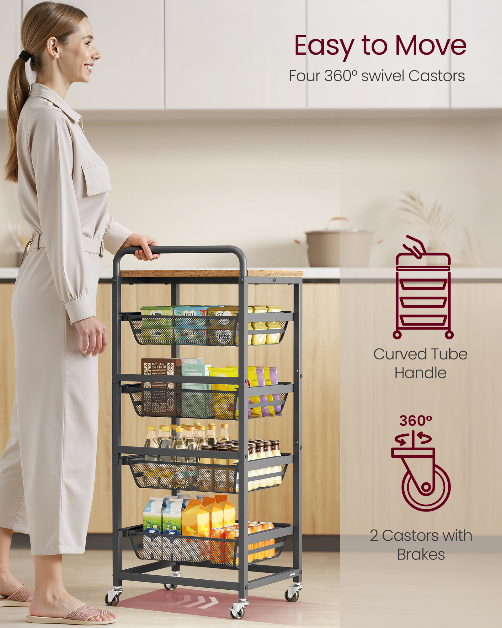 storage cart with pull out baskets 5 tier kitchen cart with wheels handle 31 7 x 40 x 95 cm rustic brown and ink black Product details 2