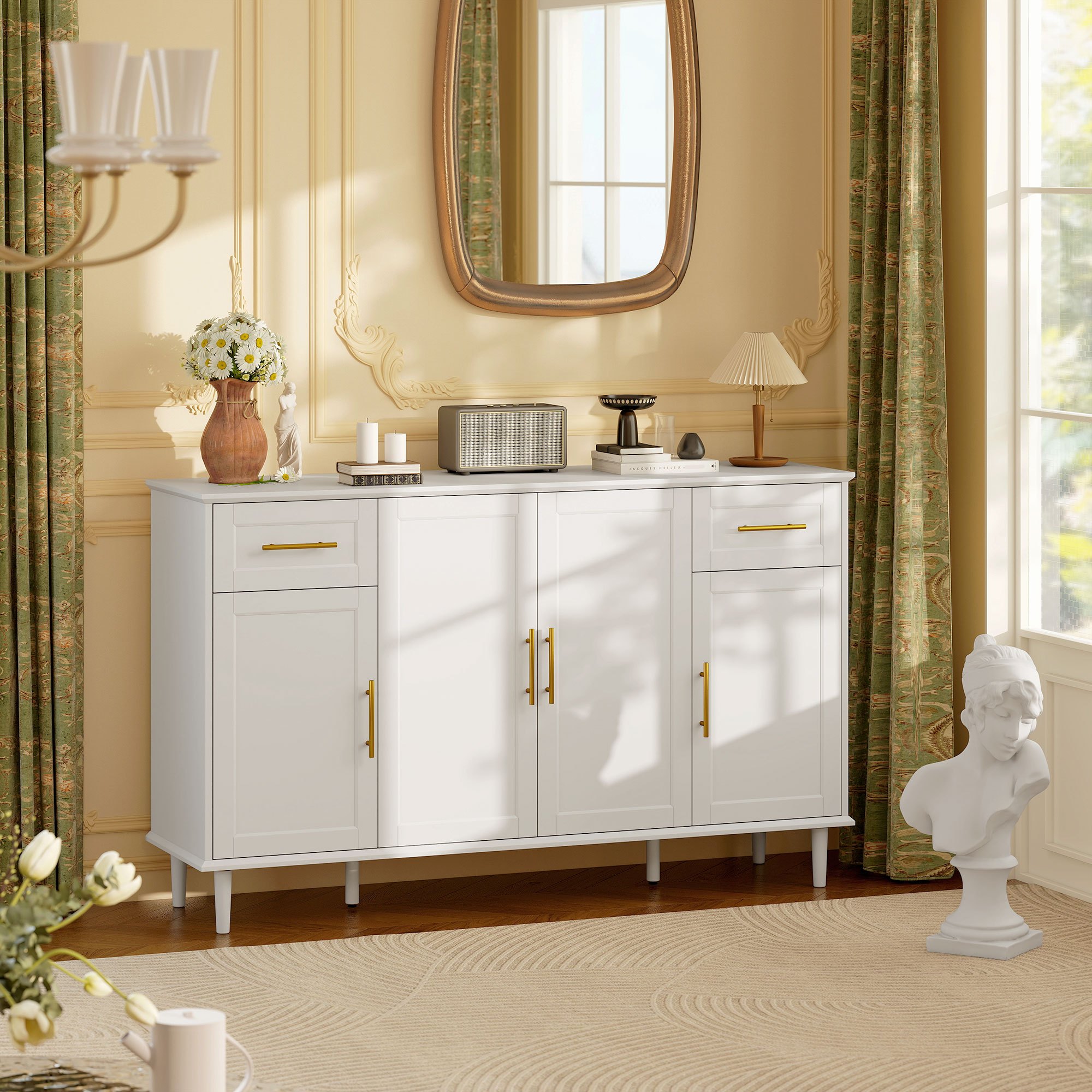 TEMU Buffet de salon avec portes à fermeture douce, de bar à café moderne de 55 pouces avec 2 tiroirs, 3 étagères réglables et 4 portes, credenza de