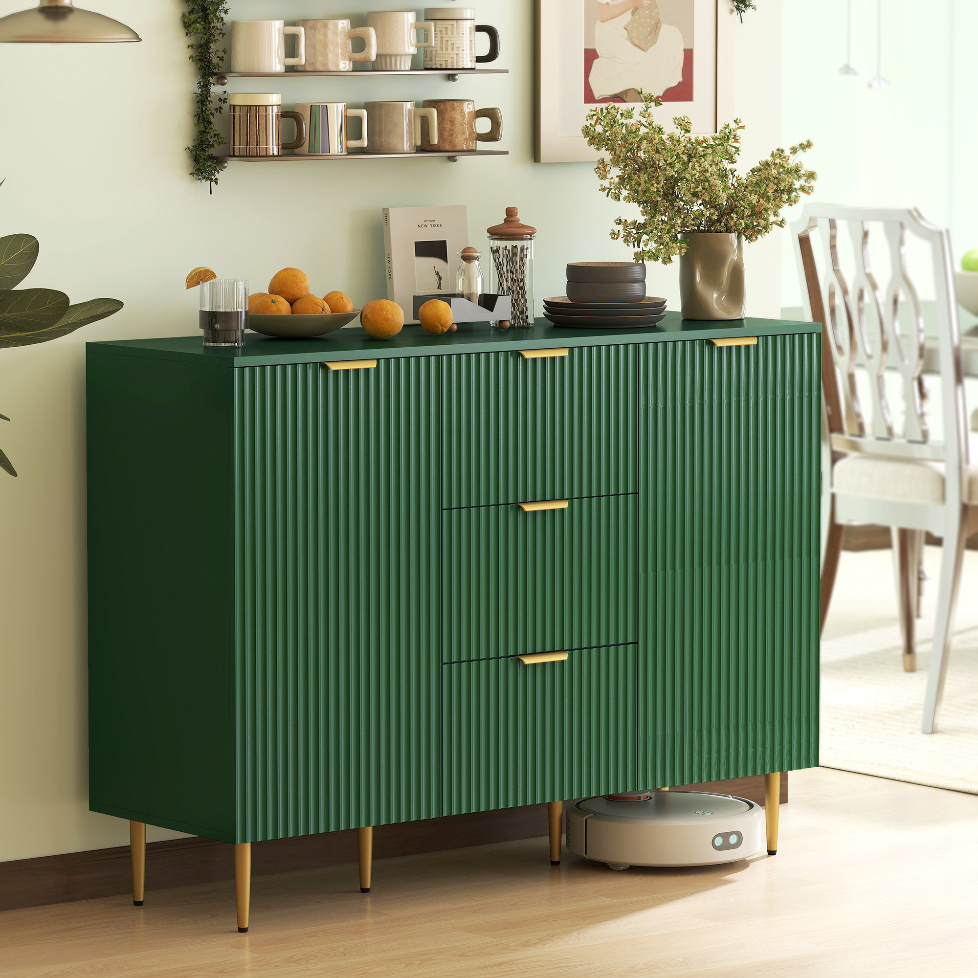 TEMU Buffet Étagère, Meuble de Rangement de Cuisine Moderne avec 3 Tiroirs et Étagères Réglables, Meuble de Bar à Café Cannelé avec Pieds en Métal
