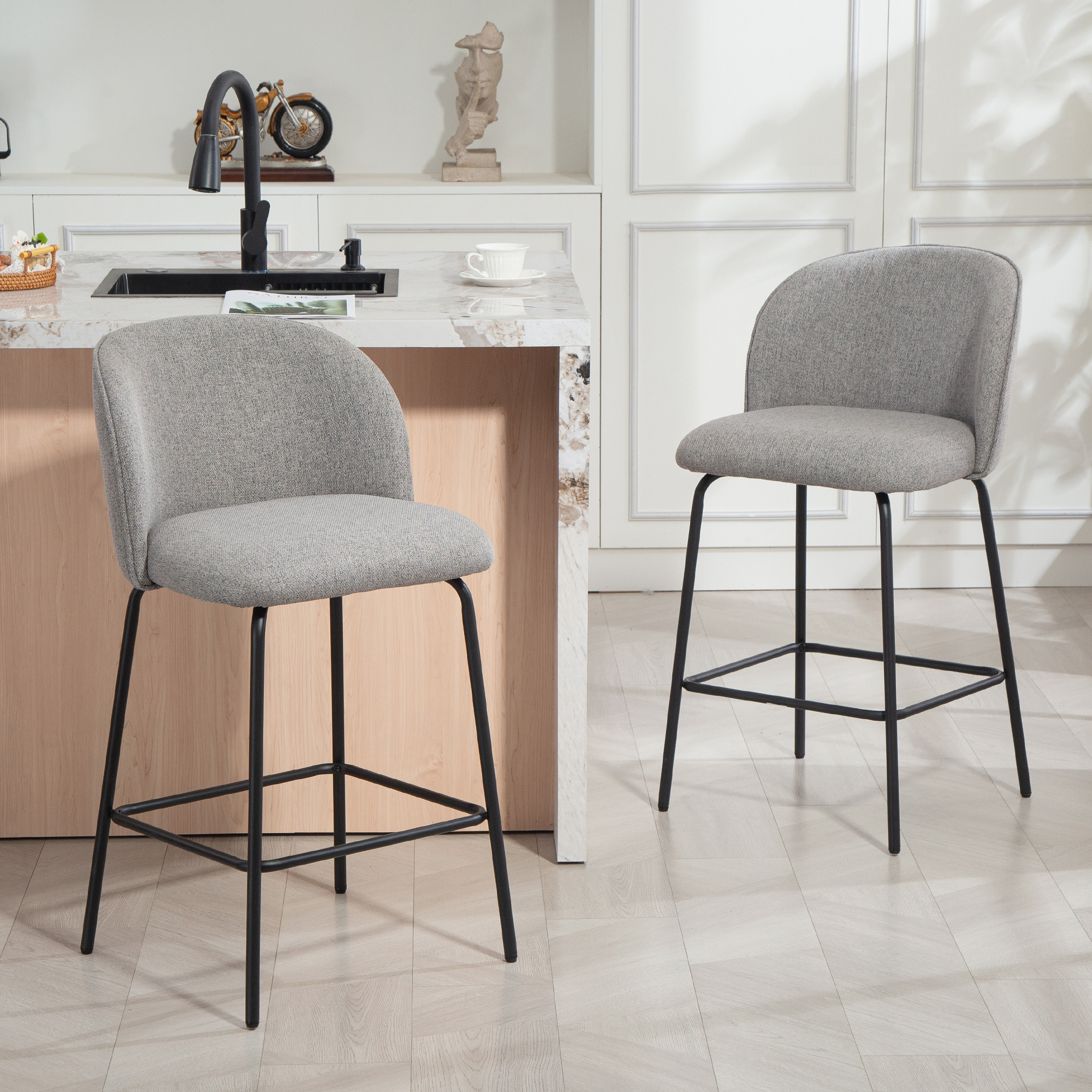 TEMU Tabouret de Bar Ensemble 2, Hauteur Comptoir 27" avec , Siège en Lin Rembourré à -Pieds et Pieds d'Acier pour Îlot Cuisine, Salle à Manger, Gris