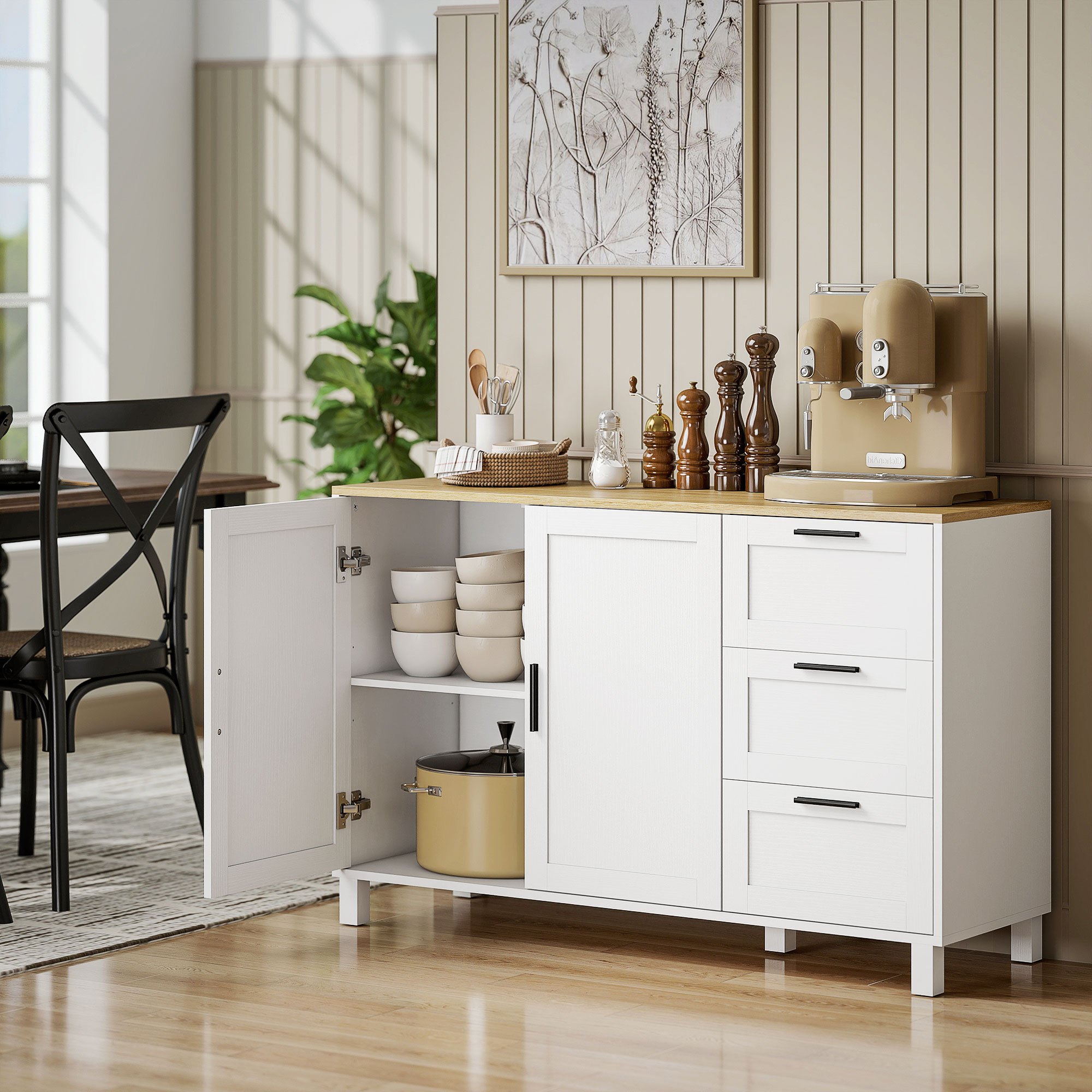 TEMU HOMCOM avec Portes à Fermeture Douce, Meuble de Bar à Café 47" avec 3 Tiroirs et Étagère Réglable, de Cuisine avec 5 Pieds en Bois de Pin, Blanc