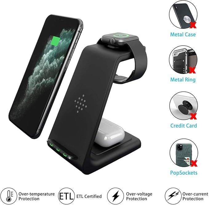 Station de charge sans fil Qi 3-en-1 rapide et compatible avec iPhone 13/12/11 Pro Max/XR/XS Max/XS/X, iWatch 7/SE/6/5/4/3/2, AirPods Pro/2 - Noir