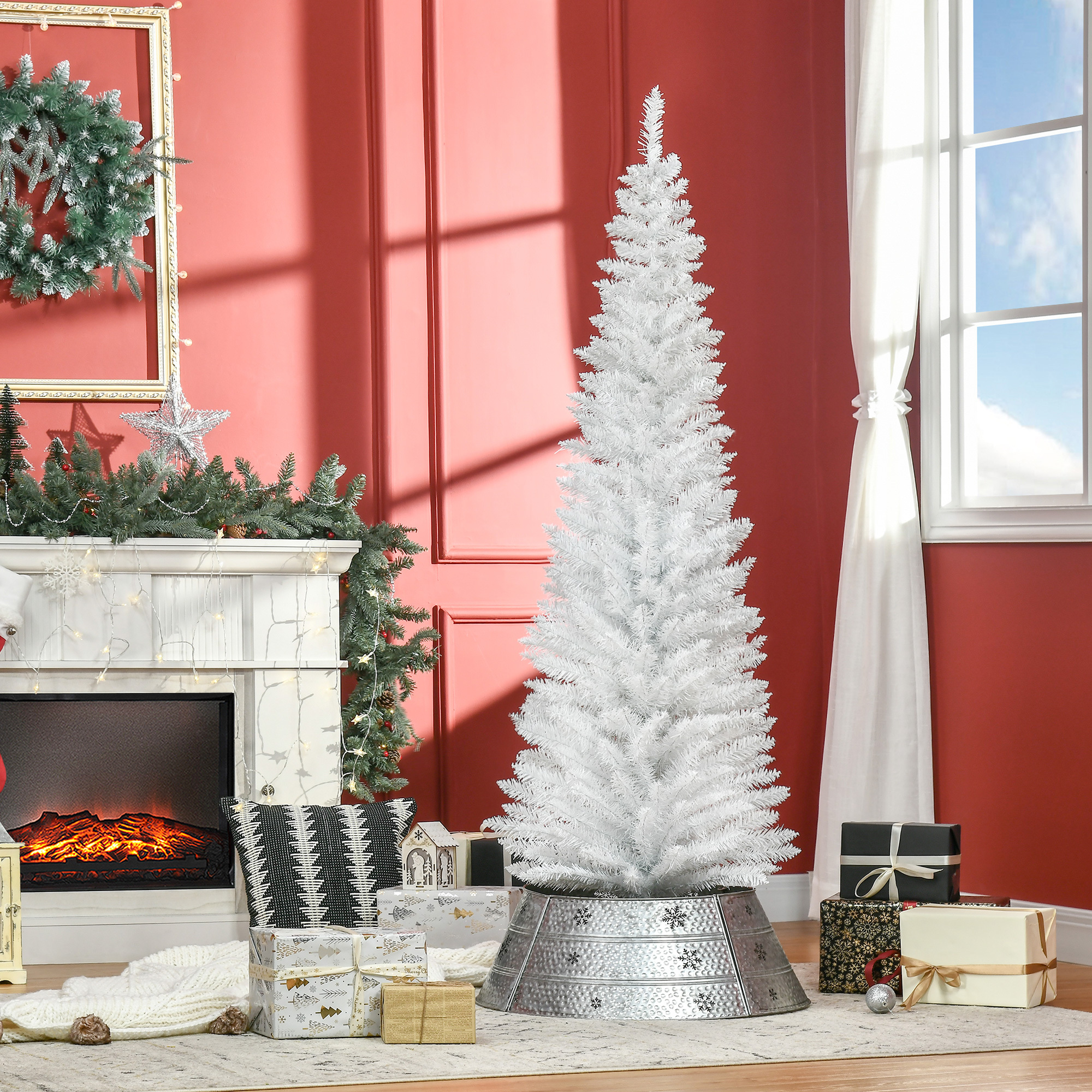 TEMU Arbre de Noël en crayon de 6 pieds, arbre de Noël artificiel mince avec des branches réalistes, support en métal, blanc