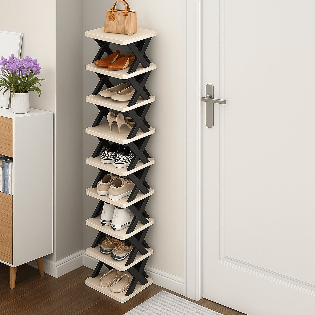 three or nine layer heavy duty shoe rack foldable and stackable space saving narrow design sturdy plastic shoe rack for   wardrobes bedrooms apartments easy to assemble   lightweight multi level shelf   Product details 1
