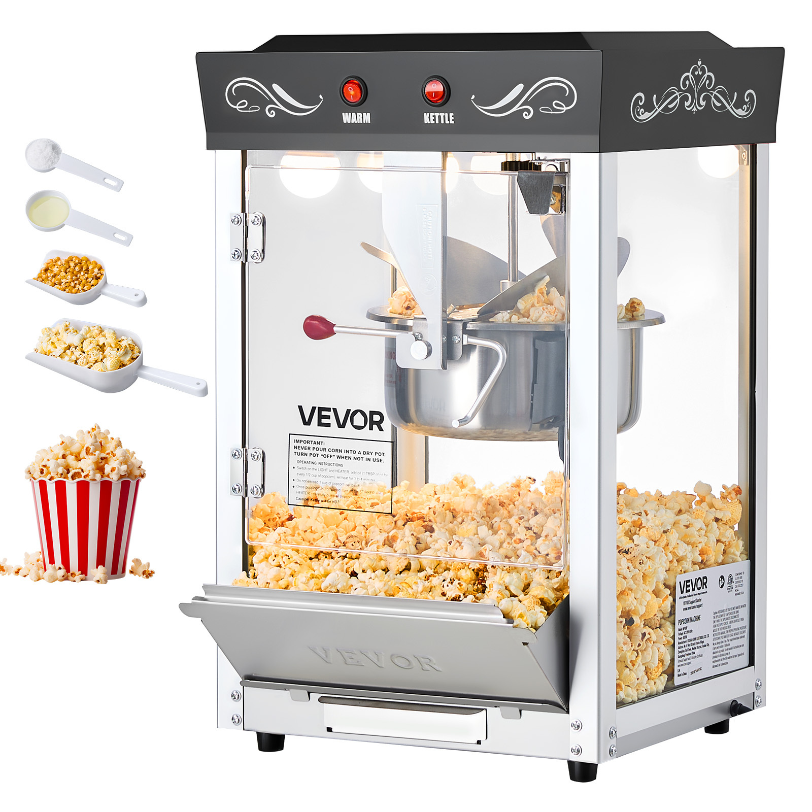 TEMU Machine à Popcorn VEVOR, Bouilloire en Acier Inoxydable de 8 oz, Popcornière de 800W pour Comptoir, 48 Tasses par Lot, Style , avec Commande à 2
