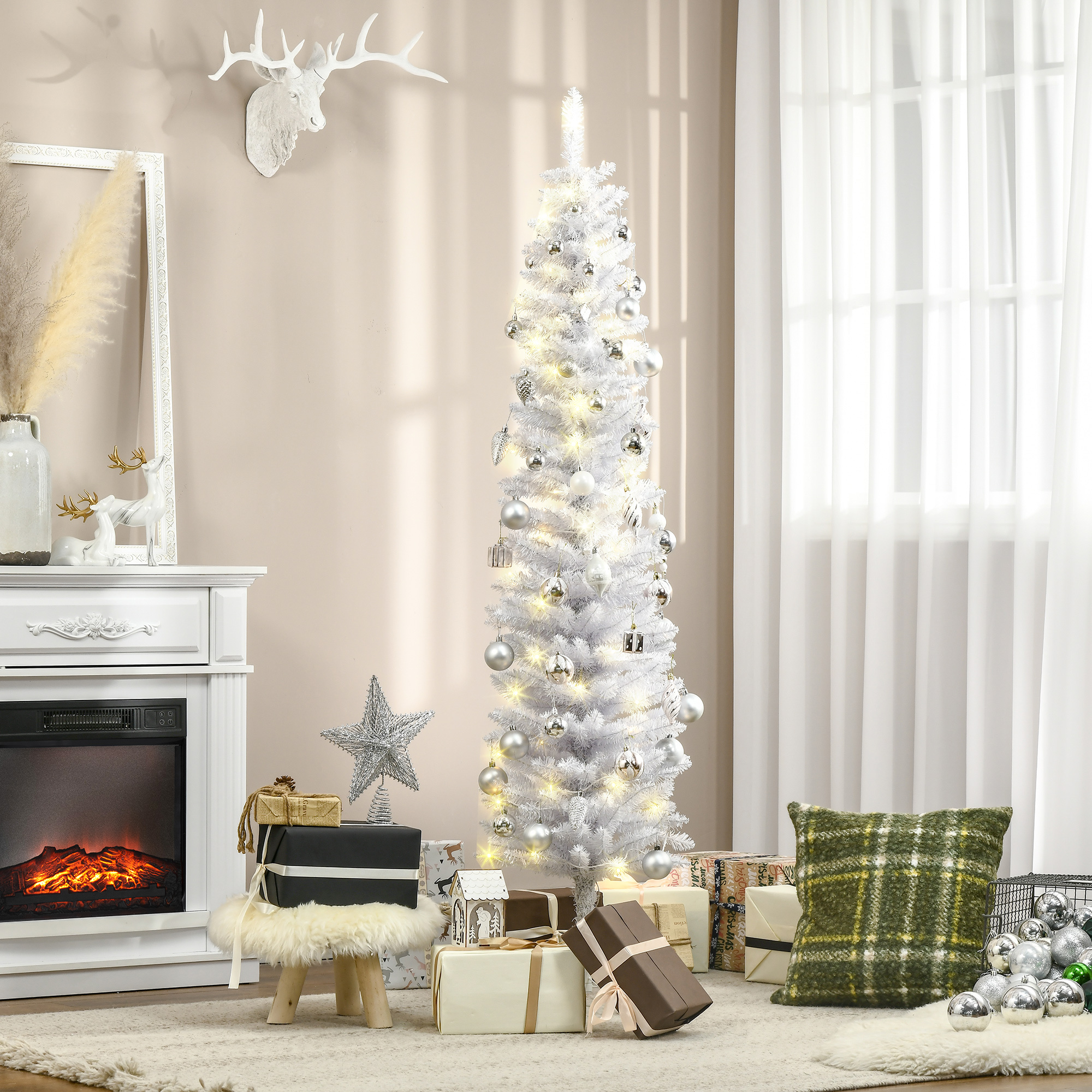 TEMU Arbre de Noël artificiel de crayon, prédécoupé, de 1,8 haut, décoration de fête avec 395 branches réalistes, 100 LED, base en métal pliable,