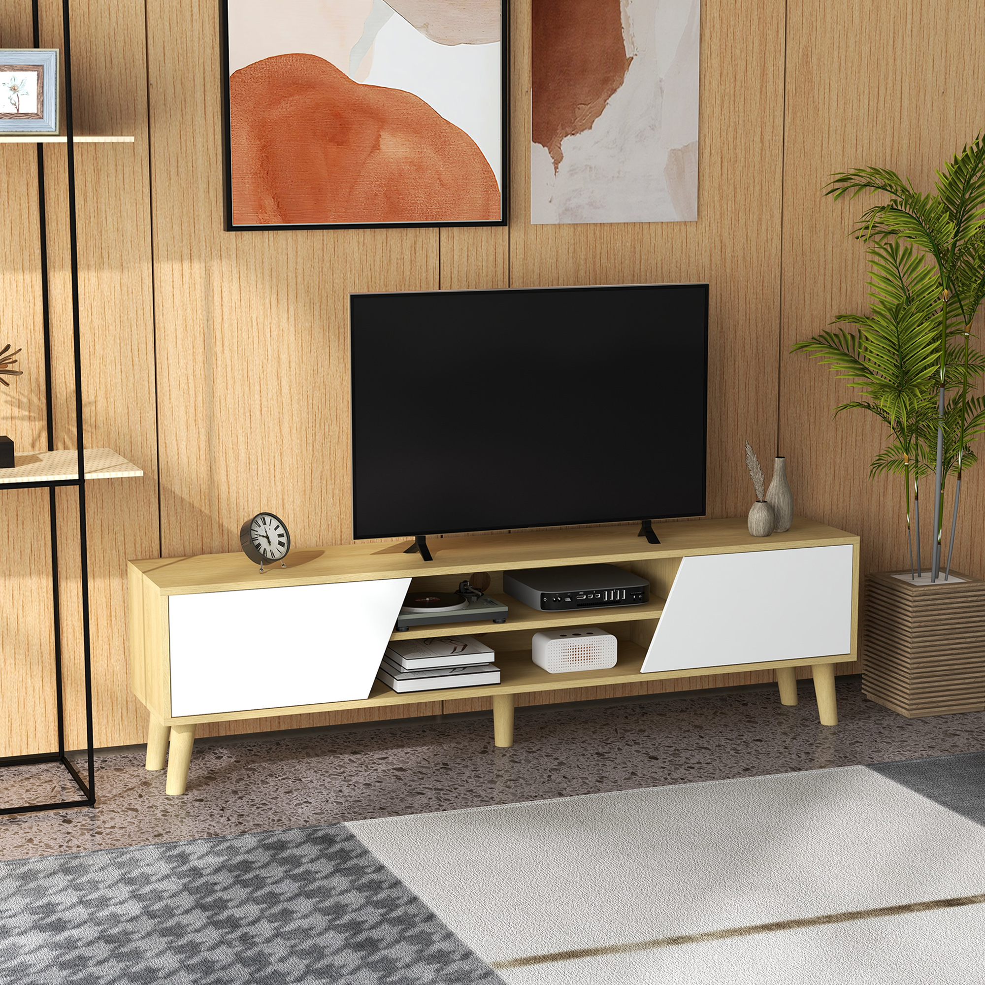 TEMU Meuble TV HOMCOM pour Téléviseur de 65 Pouces, Centre de avec Étagères de Rangement et Porte à Fermeture Douce, Console TV avec Pieds en Bois de