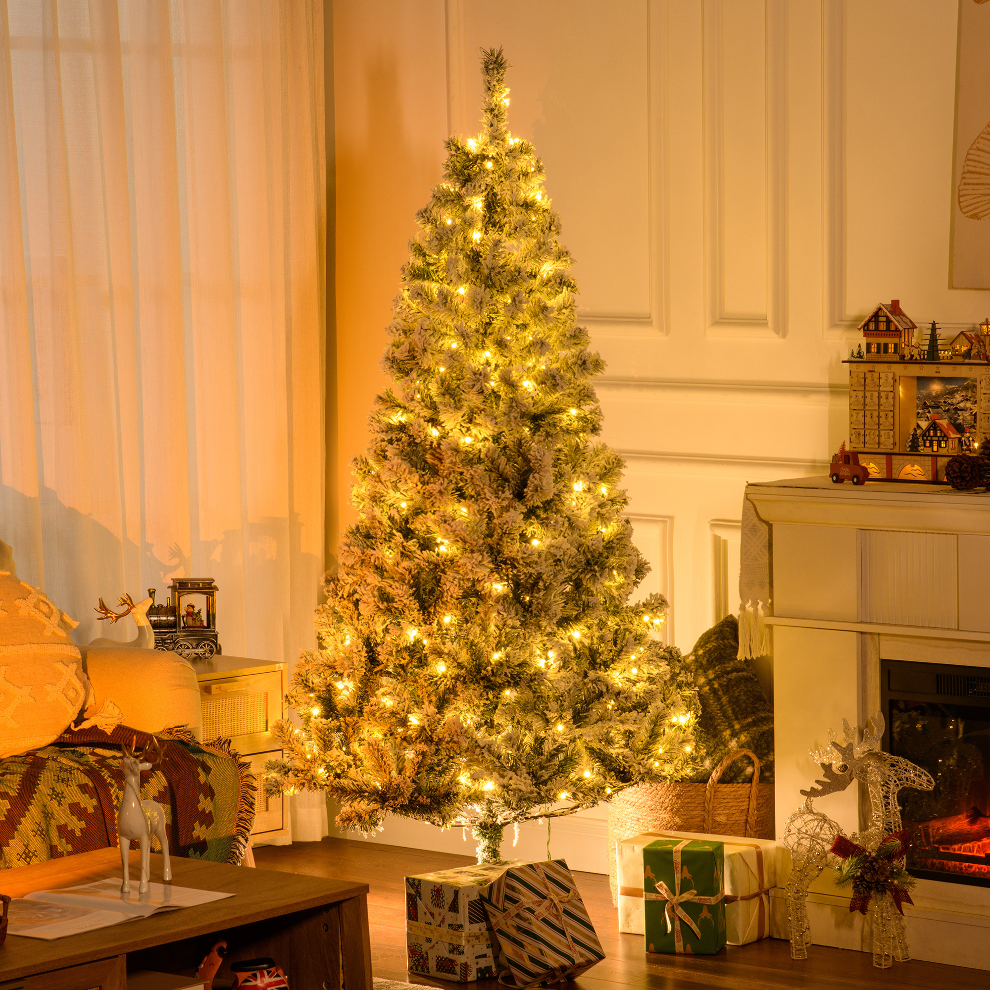 TEMU Arbre de Noël Artificiel Pré- 6 Pieds avec Neige Flockée, Arbre de Noël Réaliste avec 220 LED Blanc Chaud et 638 Branches, Base en Métal,