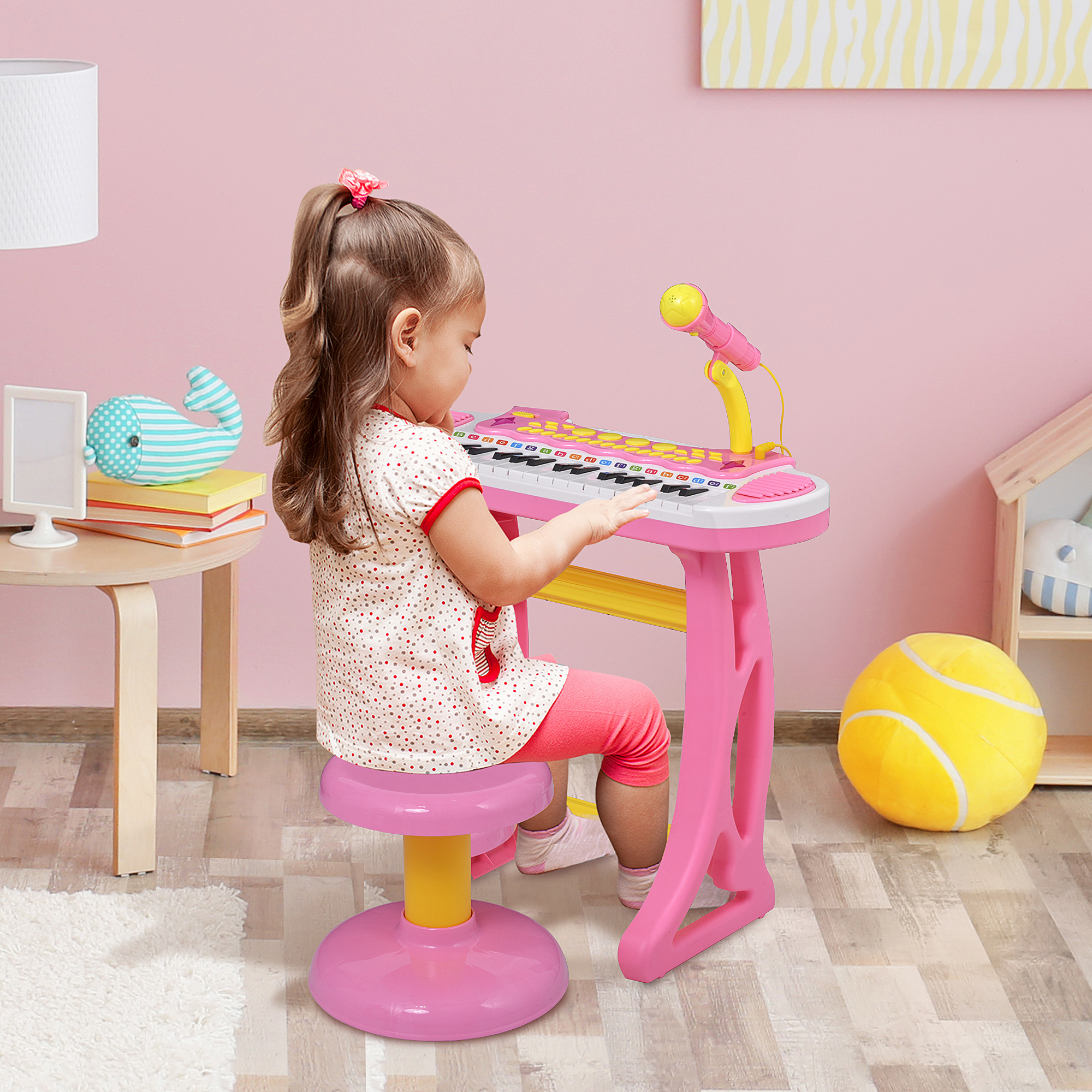 TEMU Clavier de piano jouet pour tout-petits avec tabouret inclus, microphone fonctionnel, une lampe de poche amusante et lumineuse, rose