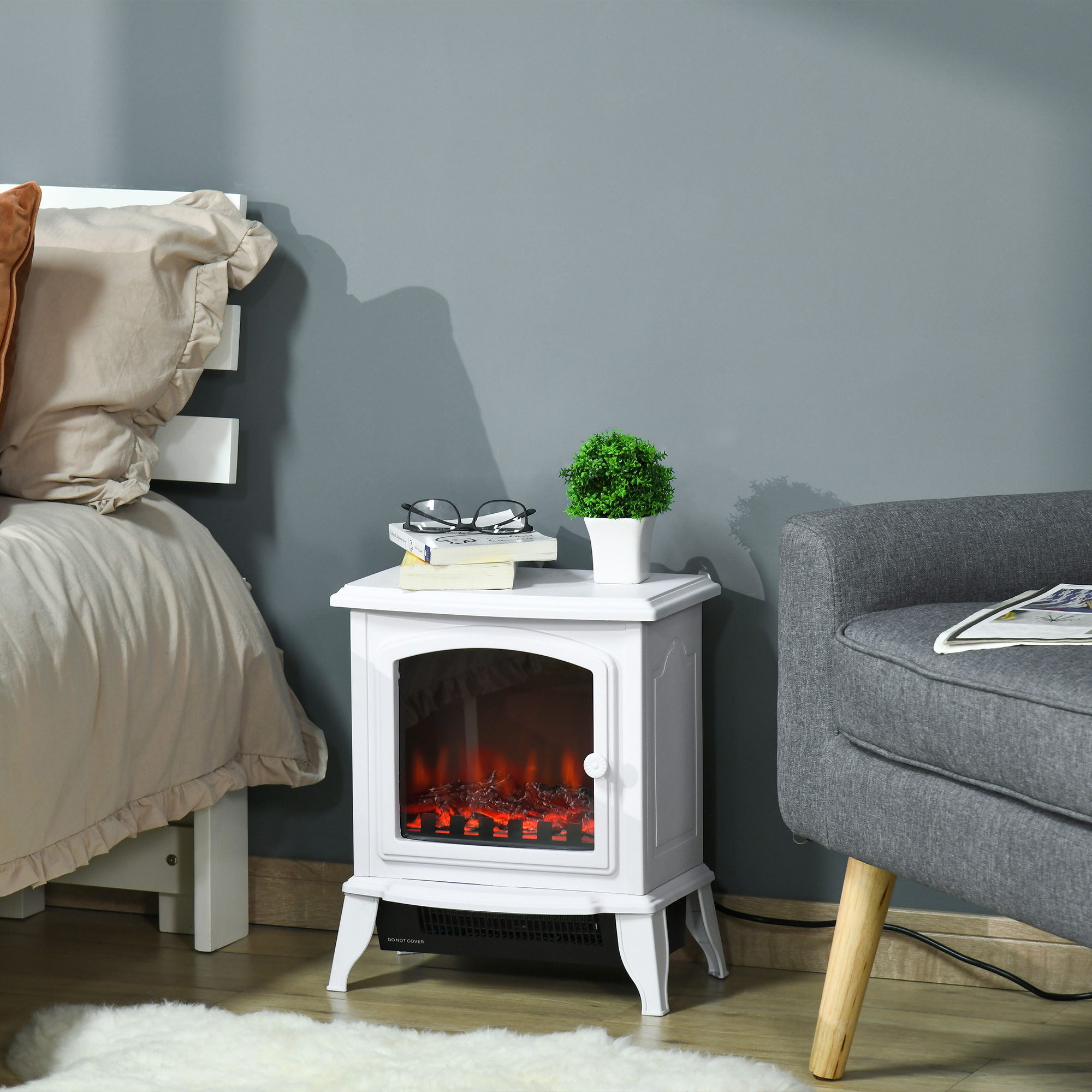TEMU HOMCOM Cheminée Électrique, Poêle à Bois de Cheminée Autoportante avec Effet de Flamme Réaliste, Protection Anti-Surchauffe, 1500W, Blanc