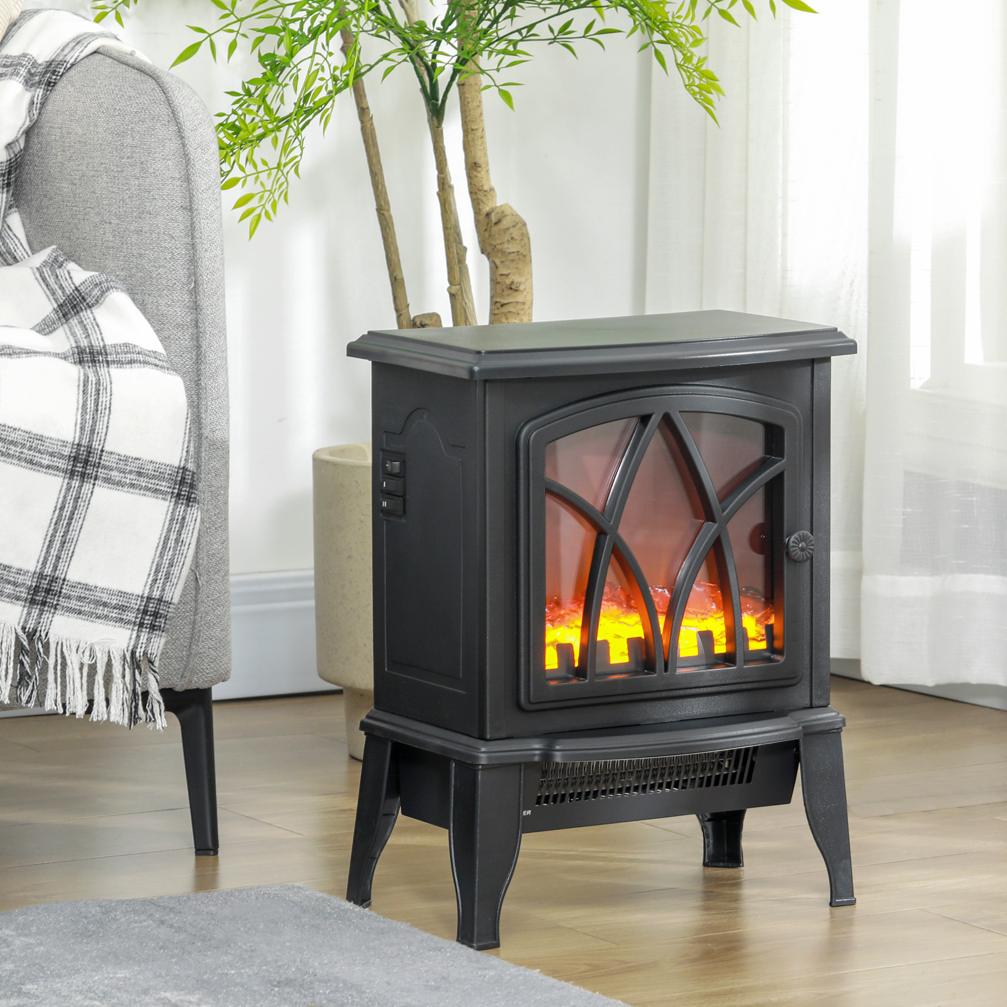 TEMU HOMCOM Poêle à bois électrique, 18" Poêle de cheminée autoportante avec flamme réaliste, Protection contre la surchauffe, Portable, 750W/1500W,