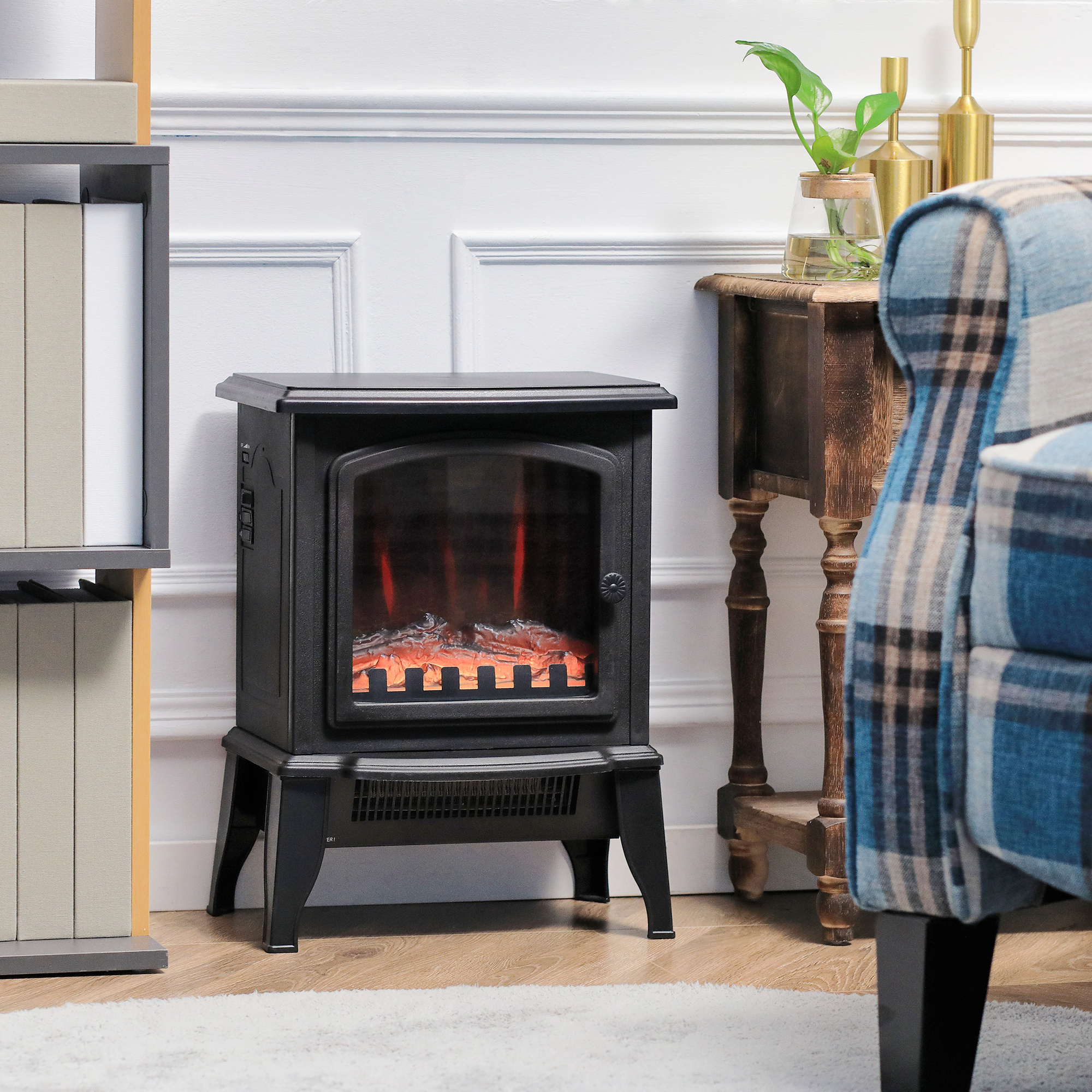 TEMU Cheminée électrique, poêle de cheminée autoportante avec effet de flamme réaliste, protection contre la surchauffe, 750W/1500W, Noir