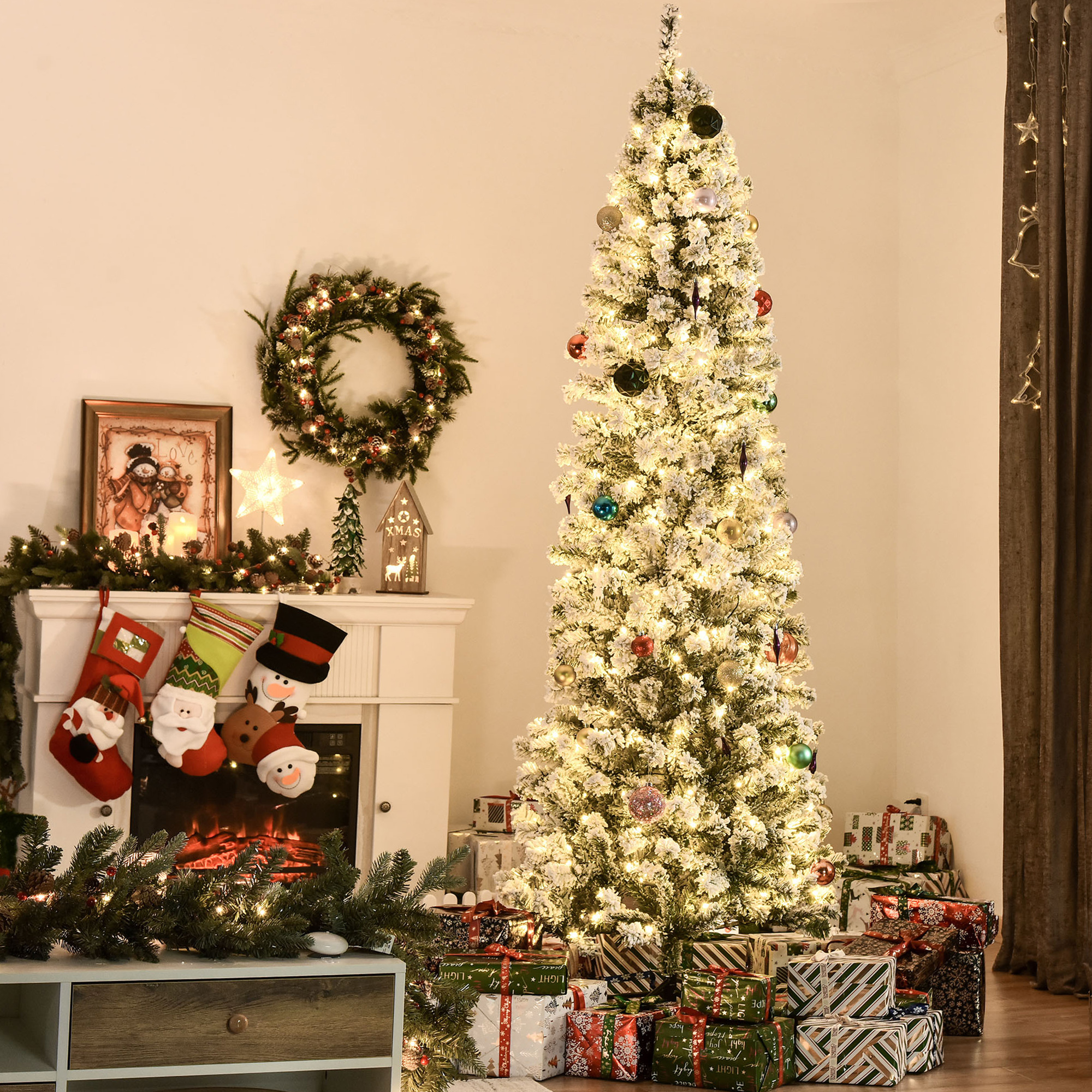 TEMU Arbre de Noël Artificiel Pré- 7,5 Pieds de Crayon, Arbre de Noël Mince avec Lumières LED Blanc Chaud, Décoration de Fête , Vert